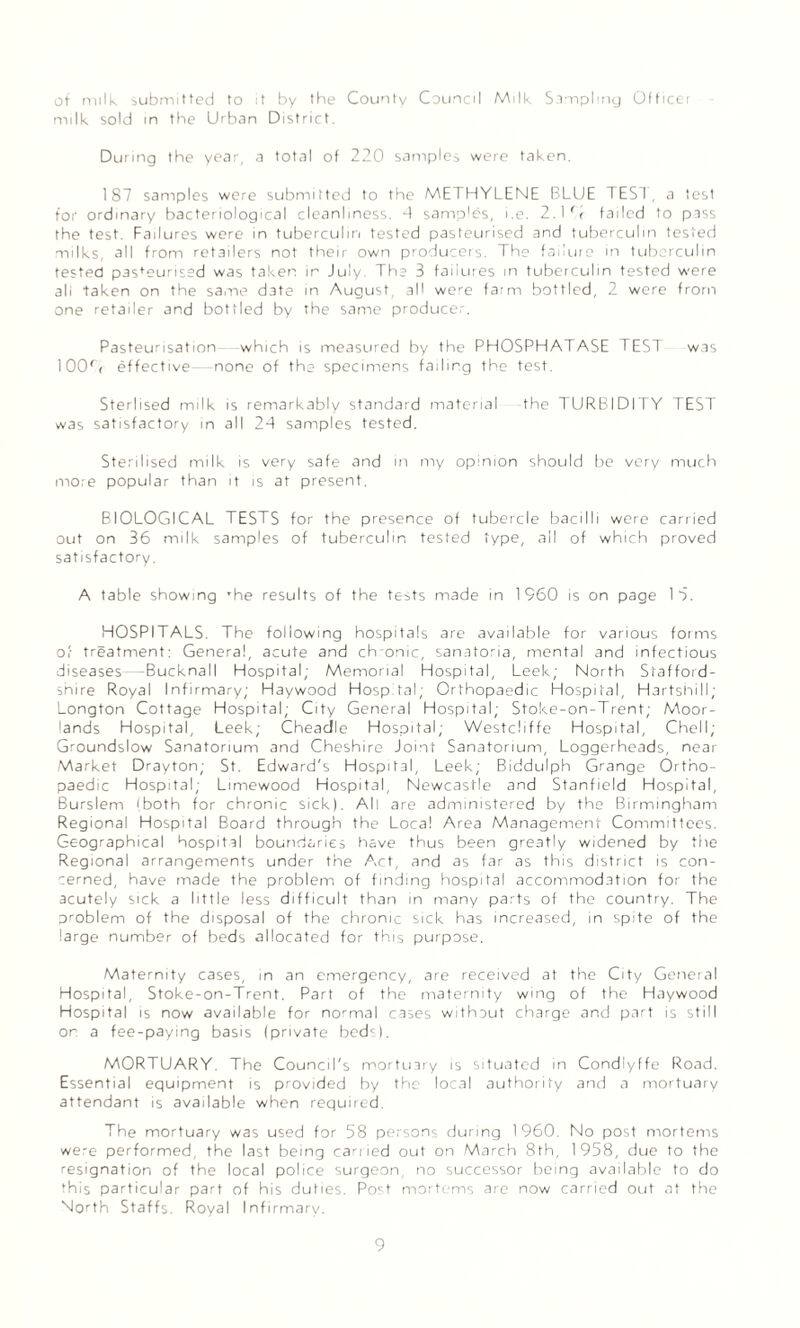 of milk submitted to it by the County Council Milk Sampling Officer nulk sold in the Urban District. During the year, a total of 220 sample^ were taken. 187 samples were submitted to the METHYLENE BLUE TEST, a test for ordinary bacteriological cleanliness. -4 samples, i.e. 2.1 '< failed to pass the test. Failures were in tuberculin tested pasteurised and tuberculin tested milks, all from retailers not their own producers. The failure in tuberculin tested pasfeurised was taken ir July. The 3 failures in tuberculin tested were ali taken on the same date in August, all were farm bottled, 2 were from one retailer and bottled by the same producer. Pasteurisation - which is measured by the PHOSPHATASE TEST was 100r< effective- -none of the specimens failing the test. Sterlised milk is remarkably standard material the TURBIDITY TEST was satisfactory in all 24 samples tested. Sterilised milk is very safe and in my opinion should be very much more popular than it is at present. BIOLOGICAL TESTS for the presence of tubercle bacilli were carried out on 36 milk samples of tuberculin tested type, ail of which proved satisfactory. A table showing ’he results of the tests made in 1960 is on page lb. HOSPITALS. The following hospitals are available for various forms of treatment: General, acute and chronic, sanatoria, mental and infectious diseases—Bucknall Hospital; Memorial Hospital, Leek; North Stafford¬ shire Royal Infirmary; Haywood Hospital; Orthopaedic Hospital, Hartshill; Longton Cottage Hospital; City General Hospital; Stoke-on-Trent; Moor¬ lands Hospital, Leek; Cheadle Hospital; Westcliffe Hospital, Chell; Groundslow Sanatorium and Cheshire Joint Sanatorium, Loggerheads, near Market Drayton; St. Edward's Hospital, Leek; Biddulph Grange Ortho¬ paedic Hospital; Limewood Hospital, Newcastle and Stanfield Hospital, Burslem (both for chronic sick). All are administered by the Birmingham Regional Hospital Board through the Local Area Management Committees. Geographical hospital boundaries have thus been greatly widened by the Regional arrangements under the Act, and as far as this district is con¬ cerned, have made the problem of finding hospital accommodation for the acutely sick a little less difficult than in many parts of the country. The problem of the disposal of the chronic sick has increased, in spite of the large number of beds allocated for this purpose. Maternity cases, in an emergency, are received at the City General Hospital, Stoke-on-Trent. Part of the maternity wing of the Haywood Hospital is now available for normal cases without charge and part is still on a fee-paying basis (private beds). MORTUARY. The Council's mortuary is situated in Condlyffe Road. Essential equipment is provided by the local authority and a mortuary attendant is available when required. The mortuary was used for 58 persons during 1960. No post mortems were performed, the last being carried out on March 8th, 1958, due to the resignation of the local police surgeon, no successor being available to do this particular part of his duties. Post mortems are now carried out at the North Staffs. Royal Infirmary.
