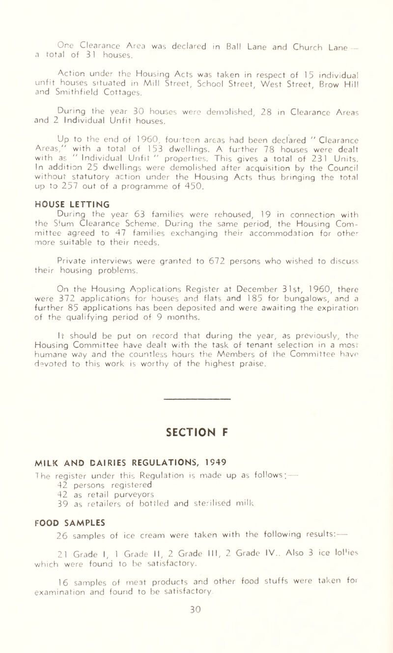 One Clearance Area was declared in Ball Lane and Church Lane a total of 31 houses. Action under the Housing Acts was taken in respect of 15 individual unfit houses situated in Mill Street, School Street, West Street, Brow Hill and Smithfield Cottages. During the year 30 houses were demolished, 28 in Clearance Areas and 2 Individual Unfit houses. Up to the end of 1960, fourteen areas had been declared  Clearance Areas, with a total of 153 dwellings. A further 78 houses were dealt with as  Individual Unfit  properties. This gives a total of 231 Units. In addition 25 dwellings were demolished after acquisition by the Council without statutory action under the Housing Acts thus bringing the total up to 257 out of a programme of 450. HOUSE LETTING During the year 63 families were rehoused, 19 in connection with the Slum Clearance Scheme. During the same period, the Housing Com¬ mittee agreed to 47 families exchanging their accommodation for othe' more suitable to their needs. Private interviews were granted to 672 persons who wished to discuss their housing problems. On the Housing Applicalions Register at December 31st, 1960, there were 372 applications for houses and flats and 185 for bungalows, and a further 85 applications has been deposited and were awaiting the expiration of the qualifying period of 9 months. It should be put on record that during the year, as previously, the Housing Committee have dealt with the task of tenant selection in a most humane way and the countless hours the Members of the Committee have devoted to this work is worthy of the highest praise. SECTION F MILK AND DAIRIES REGULATIONS, 1S49 The register under this Regulation is made up as follows;-- 42 persons registered 42 as retail purveyors 39 as retailers of bottled and sterilised milk FOOD SAMPLES 26 samples of ice cream were taken with the following results:-- 21 Grade I, 1 Grade II, 2 Grade III, 2 Grade IV.. Also 3 ice lol'ies which were found to be satisfactory. 16 samples of meat products and other food stuffs were taken foi examination and found to be satisfactory