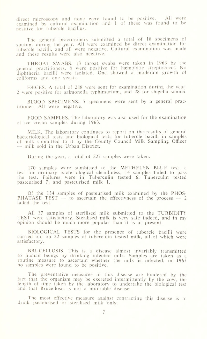 direct microscopy and none were found to be positive. All were examined by cultural examination and 1 of these was found to be positive for tubercle bacillus. The general practitioners submitted a total of 18 specimens of sputum during the year. All were examined by direct examination for tubercle bacilli, and all were negative. Cultural examination was made and these results were also negative. THROAT SWABS. 13 throat swabs were taken in 1963 by the general practitioners. 8 were positive for htemolytic streptococci. No diphtheria bacilli were isolated. One showed a moderate growth of coliforms and one yeasts. F7ECES. A total of 288 were sent for examination during the year, 2 were positive for salmonella typhimurium, and 28 for shigella sonnei. BLOOD SPECIMENS. 5 specimens were sent by a general prac¬ titioner. All were negative. FOOD SAMPLES. The laboratory was also used for the examination of ice cream samples during 1963. MILK. The laboratory continues to report on the results of general bacteriological tests and biological tests for tubercle bacilli in samples of milk submitted to it by the County Council Milk Sampling Officer — milk sold in the Urban District. During the year, a total of 227 samples were taken. 170 samples were sumbitted to the METHELYN BLUE test, a test for ordinary bacteriological cleanliness, 14 samples failed to pass the test. Failures were in Tuberculin tested 6. Tuberculin tested pasteurised 7, and pasteurised milk 1. Of the 134 samples of pasteurised milk examined by the PHOS¬ PHATASE TEST - to ascertain the effectivness of the process — 2 failed the test. All 37 samples of sterilised milk submitted to the TURBIDITY TEST were satisfactory. Sterilised milk is very safe indeed, and in my opinion should be much more popular than it is at present. BIOLOGICAL TESTS for the presence of tubercle bacilli were carried out on 22 samples of tuberculin tested milk, all of which were satisfactory. BRUCELLOSIS. This is a disease almost invariably transmitted to human beings by drinking infected milk. Samples are taken as a routine measure to ascertain whether the milk is infected, in 1963 no samples were found to be positive. The preventative measures in this disease are hindered by the fact that the organism may be excreted intermittently by the cow, the length of time taken by the laboratory to undertake the biological test and that Brucellosis is not a notifiable disease. The most effective measure against contracting this disease is to drink pasteurised or sterilised milk only.