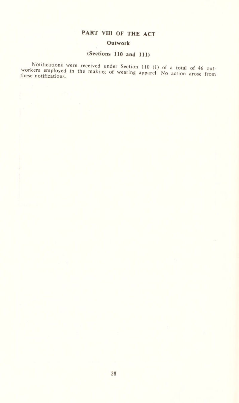 PART VIII OF THE ACT Outwork (Sections 110 and 111) Notifications were received under Section 110 (1) of workers employed in the making of wearing apparel No these notifications. a total of 46 out- action arose from