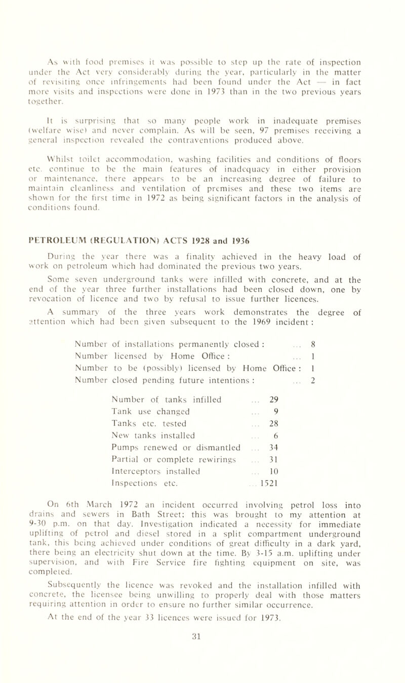 As with food premises it was possible to step up the rate of inspection under the Act very considerably during the year, particularly in the matter of revisiting once infringements had been found under the Act — in fact more visits and inspections were done in 1973 than in the two previous years together. It is surprising that so many people work in inadequate premises (welfare wise) and never complain. As will be seen, 97 premises receiving a general inspection revealed the contraventions produced above. Whilst toilet accommodation, washing facilities and conditions of floors etc continue to be the main features of inadequacy in either provision or maintenance, there appears to be an increasing degree of failure to maintain cleanliness and ventilation of premises and these two items are shown for the first time in 1972 as being significant factors in the analysis of conditions found. PETROLEUM (REGULATION) ACTS 1928 and 1936 During the year there was a finality achieved in the heavy load of work on petroleum which had dominated the previous two years. Some seven underground tanks were infilled with concrete, and at the end of the year three further installations had been closed down, one by revocation of licence and two by refusal to issue further licences. A summary of the three years work demonstrates the degree of attention which had been given subsequent to the 1969 incident : Number of installations permanently closed: ... 8 Number licensed by Home Office : ... 1 Number to be (possibly) licensed by Home Office : 1 Number closed pending future intentions: ... 2 Number of tanks infilled 29 Tank use changed 9 Tanks etc. tested 28 New' tanks installed 6 Pumps renewed or dismantled 34 Partial or complete rewirings 31 Interceptors installed 10 Inspections etc. 1521 On 6th March 1972 an incident occurred involving petrol loss into drains and sewers in Bath Street: this was brought to my attention at 9-30 p.m. on that day. Investigation indicated a necessity for immediate uplifting of petrol and diesel stored in a split compartment underground tank, this being achieved under conditions of great difficulty in a dark yard, there being an electricity shut down at the time. By 3-15 a.m. uplifting under supervision, and with Fire Service fire fighting equipment on site, was completed. Subsequently the licence was revoked and the installation infilled with concrete, the licensee being unwilling to properly deal with those matters requiring attention in order to ensure no further similar occurrence. At the end of the year 33 licences were issued for 1973.