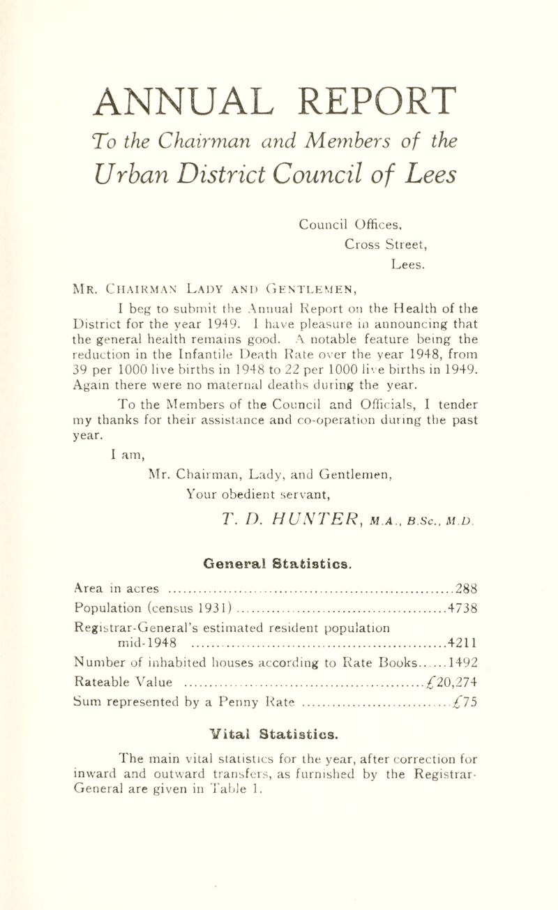 ANNUAL REPORT To the Chairman and Members of the Urban District Council of Lees Council Offices, Cross Street, Lees. Mr. Chairman Lady and Gentlemen, I beg to submit the Annual Report on the Health of the District for the year 1949. 1 have pleasure in announcing that the general health remains good. A notable feature being the reduction in the Infantile Death Rate over the year 1948, from 39 per 1000 live births in 1948 to 22 per 1000 live births in 1949. Again there were no maternal deaths during the year. To the Members of the Council and Officials, I tender my thanks for their assistance and co-operation during the past year. I am, Mr. Chairman, Lady, and Gentlemen, Your obedient servant, T. D. HUNTER, m.a., b.sc., m.d. General Statistics. Area in acres .288 Population (census 1931)..4738 Registrar-General’s estimated resident population mid-1948 .4211 Number of inhabited houses according to Rate Books.1492 Rateable Value .^20,274 Sum represented by a Penny Rate .jf75 Vital Statistics. The main vital statistics for the year, after correction for inward and outward transfers, as furnished by the Registrar-