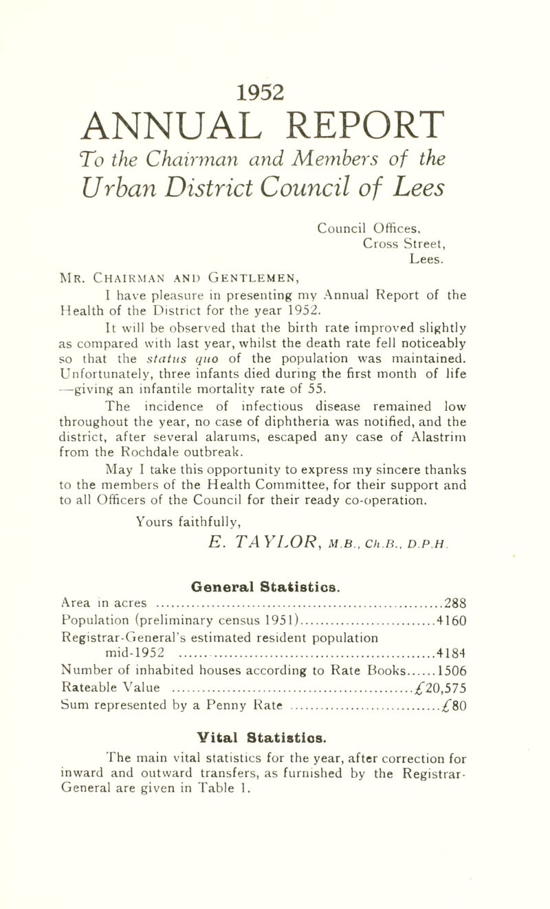 1952 ANNUAL REPORT To the Chairman and Members of the Urbayi District Council of Lees Council Offices, Cross Street, Lees. Mr. Chairman and Gentlemen, I have pleasure in presenting my Annual Report of the Health of the District for the year 1952. It will be observed that the birth rate improved slightly as compared with last year, whilst the death rate fell noticeably so that the status quo of the population was maintained. Unfortunately, three infants died during the first month of life —giving an infantile mortality rate of 55. The incidence of infectious disease remained low throughout the year, no case of diphtheria was notified, and the district, after several alarums, escaped any case of Alastrim from the Rochdale outbreak. May I take this opportunity to express my sincere thanks to the members of the Health Committee, for their support and to all Officers of the Council for their ready co-operation. Yours faithfully, E. TAYLOR, M.B., Ch.B., D.P.H. General Statistics. Area in acres .288 Population (preliminary census 1951).4160 Registrar-General’s estimated resident population mid-1952 4184 Number of inhabited houses according to Rate Books.1506 Rateable Value .^”20,575 Sum represented by a Penny Rate .£%0 Vital Statistics. The main vital statistics for the year, after correction for inward and outward transfers, as furnished by the Registrar-