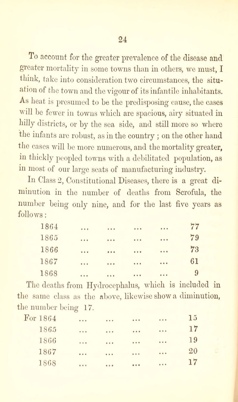 To account for the greater prevalence of the disease and greater mortality in some towns than in others, we must, I think, take into consideration two circumstances, the situ¬ ation of the town and the vigour of its infantile inhabitants. As heat is presumed to be the predisposing cause, the cases will be fewer in towns which are spacious, airy situated in hilly districts, or by the sea side, and still more so where the infants are robust, as in the country ; on the other hand the cases will be more numerous, and the mortality greater, m thickly peopled towns with a debilitated population, as in most of our large seats of manufacturing industry. In Class 2, Constitutional Diseases, there is a great di¬ minution in the number of deaths from Scrofula, the number being only nine, and for the last five years as follows; 1864 • • • • • • • • • • • • 77 1865 79 1866 1867 1868 • •• i i « • ♦ • ••• ••• • •• • • ■ ••• • « • • • • • • • 73 61 9 The deaths from Hydrocephalus, which is included in the same class as the above, likewise show a diminution, the number being 17. For 1864 ... ... ... ... 15 1865 1866 1867 1868 17 19 20 17