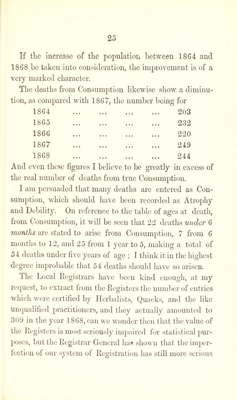 If the increase of the population between 1864 and 1868 be taken into consideration, the improvement is of a very marked character. The deaths from Consumption likewise show a diminu¬ tion, as compared with 1867, the number being for 1864 1865 1866 1867 1868 203 232 220 249 244 And even these figures I believe to be greatly in excess of the real number of deaths from true Consumption. I am persuaded that many deaths are entered as Con¬ sumption, which should have been recorded as Atrophy and Debility. On reference to the table of ages at death, from Consumption, it will be seen that 22 deaths under 6 months are stated to arise from Consumption, 7 from 6 months to 12, and 25 from 1 year to 5, making a total of 54 deaths under five years of age ; I think it in the highest degree improbable that 54 deaths should have so arisen. The Local Registrars have been kind enough, at my request, to extract from the Registers the number of entries which were certified by Herbalists, Quacks, and the like unqualified practitioners, and they actually amounted to 309 in the year 1868, can we wonder then that the value of the Registers is most seriously impaired for statistical pur¬ poses, but the Registrar General has shown that the imper¬ fection of our system of Registration has still more serious