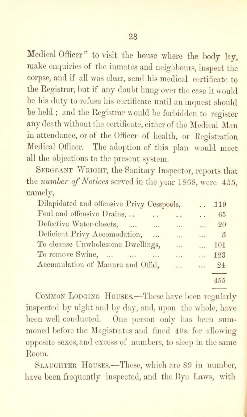 Medical Officer ” to visit the house where the body lay, make enquiries of the inmates and neighbours, inspect the corpse, and if all was clear, send his medical certificate to the Registrar, but if any doubt hung over the case it would be his duty to refuse his certificate until an inquest should be held ; and the Registrar w ould be forbidden to register any death without the certificate, either of the Medical Man in attendance, or of the Officer of health, or Registration Medical Officer. The adoption of this plan would meet all the objections to the present system. Sergeant Wright, the Sanitary Inspector, reports that the number of Notices served in the year 18G8, were 455, namely. Dilapidated and offensive Privy Cesspools, .. 119 Foul and offensive Drains, .. .. .. .. G5 Defective Water-closets, ... ... ... ... 20 Deficient Privy Accomodation, ... ... ... 3 To cleanse Unwholesome Dwellings, ... ... 101 To remove Swine, ... ... ... ... ... 123 Accumulation of Manure and Offal, ... ... 24 455 Common Lodging Houses.—These have been regularly inspected by night and by day, and, upon the whole, have been well conducted. One person only has been sum¬ moned before the Magistrates and fined 40s. for allowing opposite sexes, and excess of numbers, to sleep in the same Room. Slaughter Houses.—These, which are 89 in number, have been frequently inspected, and the Bye Laws, with