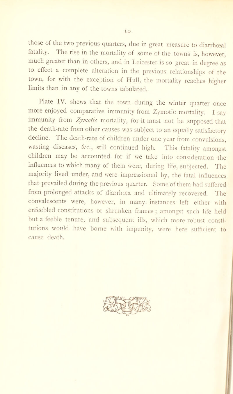 those ot the two previous quarters, clue in great measure to diarrhoeal fatality. 1 he rise in the mortality of some of the towns is, however, much greater than in others, and in Leicester is so great in degree as to effect a complete alteration in the previous relationships of the town, for with the exception of Hull, the mortality reaches higher limits than in any of the towns tabulated. Plate IV. shews that the town during the winter quarter once more enjoyed comparative immunity from Zymotic mortality. I say immunity from Zymotic mortality, for it must not be supposed that the death-rate from other causes was subject to an equally satisfactory decline. The death-rate of children under one year from convulsions, wasting diseases, &c., still continued high. This fatality amongst children may be accounted for if we take into consideration the influences to which many of them were, during life, subjected. The majority lived under, and were impressioned by, the fatal influences that prevailed during the previous quarter. Some of them had suffered from prolonged attacks of diarrhoea and ultimately recovered. The convalescents were, however, in many, instances left either with enfeebled constitutions or shrunken frames ; amongst such life held but a feeble tenure, and subsequent ills, which more robust consti¬ tutions would have borne with impunity, were here sufficient to cause death.