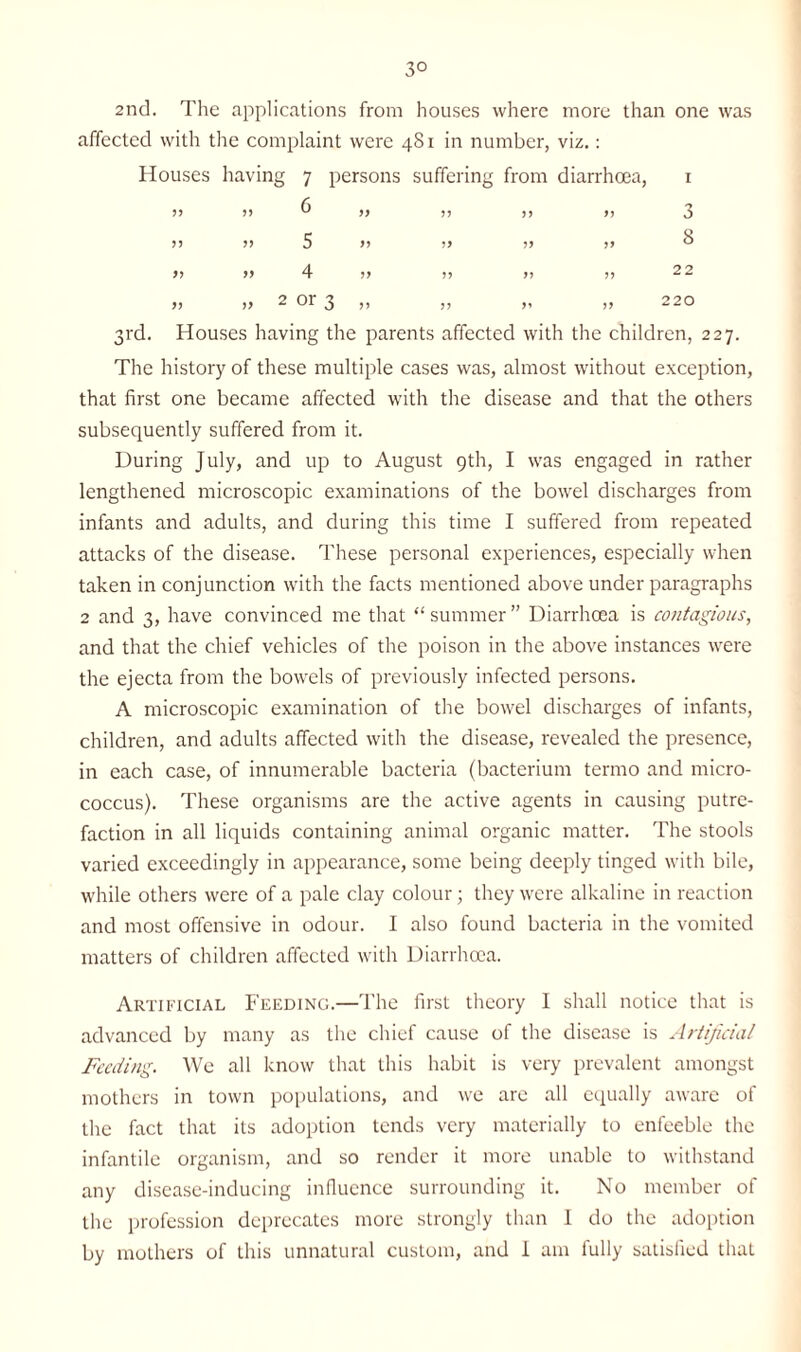 3° 2nd. The applications from houses where more than one was affected with the complaint were 481 in number, viz.: Houses having 7 persons suffering from diarrhoea, 1 >’ » 6 ,, ,, ,, >> 5 y> » » >> 4 7) >? 77 77 i> 2 01 3 >) 77 >1 3rd. Houses having the parents affected with the children, 227. The history of these multiple cases was, almost without exception, that first one became affected with the disease and that the others subsequently suffered from it. During July, and up to August 9th, I was engaged in rather lengthened microscopic examinations of the bowel discharges from infants and adults, and during this time I suffered from repeated attacks of the disease. These personal experiences, especially when taken in conjunction with the facts mentioned above under paragraphs 2 and 3, have convinced me that “ summer ” Diarrhoea is contagious, and that the chief vehicles of the poison in the above instances were the ejecta from the bowels of previously infected persons. A microscopic examination of the bowel discharges of infants, children, and adults affected with the disease, revealed the presence, in each case, of innumerable bacteria (bacterium termo and micro¬ coccus). These organisms are the active agents in causing putre¬ faction in all liquids containing animal organic matter. The stools varied exceedingly in appearance, some being deeply tinged with bile, while others were of a pale clay colour; they were alkaline in reaction and most offensive in odour. I also found bacteria in the vomited matters of children affected with Diarrhoea. Artificial Feeding.—The first theory I shall notice that is advanced by many as the chief cause of the disease is Artificial Feeding. We all know that this habit is very prevalent amongst mothers in town populations, and we arc all equally aware of the fact that its adoption tends very materially to enfeeble the infantile organism, and so render it more unable to withstand any disease-inducing influence surrounding it. No member of the profession deprecates more strongly than 1 do the adoption by mothers of this unnatural custom, and I am fully satisfied that 8 22 >20