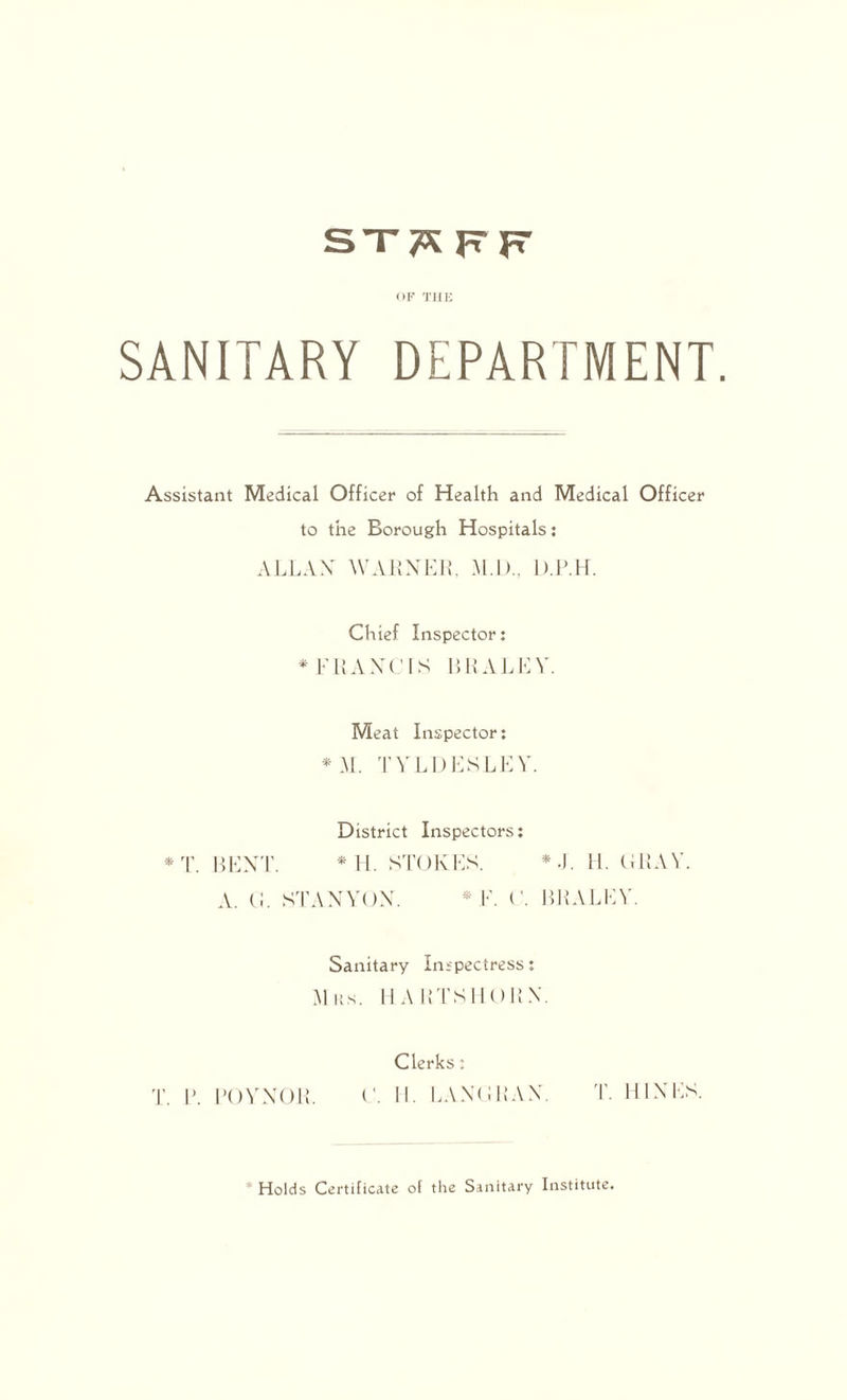 STS p F OF THE SANITARY DEPARTMENT. Assistant Medical Officer of Health and Medical Officer to the Borough Hospitals: ALLAN WARNER, M.I)., D.P.H. Chief Inspector: * FRANC IS BR ALEY. Meat Inspector: *M. TVLDESLEV. District Inspectors: *T. BENT. *H. STOKES. * J. H. GRAY. A. G. STANYON. * E. G. BRALEY. Sanitary Inspectress: Mrs. HARTSHORN. Clerks: T. R. ROY NOR. 0. II. LANGRAN. T HINES. Holds Certificate of the Sanitary Institute.