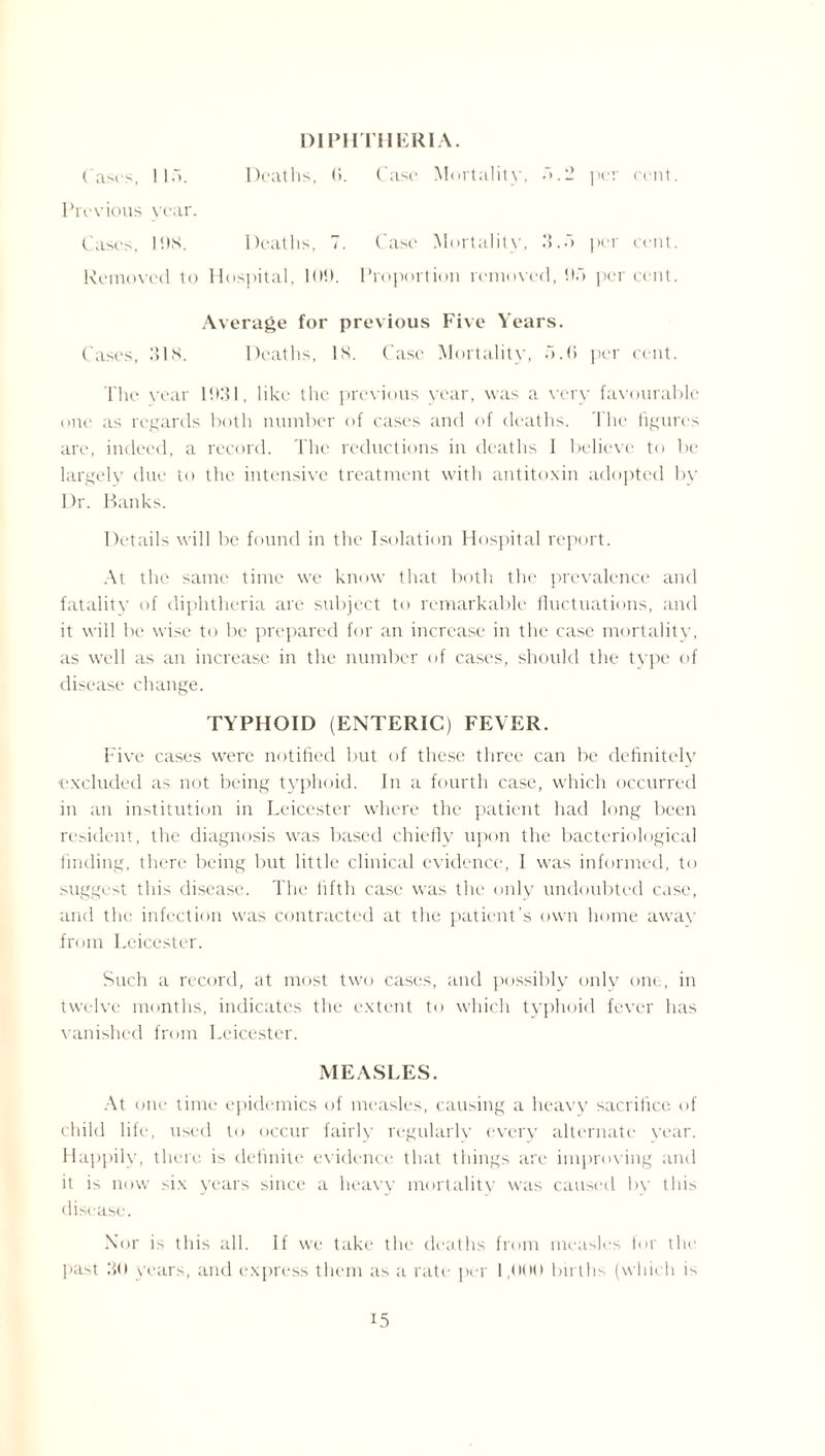 DIPHTHERIA. Cases, 110. Deaths, (>. Case Mortality, .1.2 l’er cent devious year. Cases, IDS. Deaths, 7. Case Mortalitv, 3.0 per cent Removed to Hospital, lot). 1 ’roportion removed, tin per cent Average for previous Five Years. C ases, 3IS. Deaths, IS. Case Mortality, ”>.(> I’01' cent The year 1931, like the previous year, was a very favourable one as regards both number of cases and of deaths. The figures are, indeed, a record. The reductions in deaths I believe to be largely due to the intensive treatment with antitoxin adopted by Dr. Banks. Details will be found in the Isolation Hospital report. At the same time we know that both the prevalence and fatality of diphtheria are subject to remarkable fluctuations, and it will be wise to be prepared for an increase in the case mortality, as well as an increase in the number of cases, should the type of disease change. TYPHOID (ENTERIC) FEVER. Five cases were notified but of these three can be definitely ■excluded as not being typhoid. In a fourth case, which occurred in an institution in Leicester where the patient had long been resident, the diagnosis was based chiefly upon the bacteriological finding, there being but little clinical evidence, I was informed, to suggest this disease. The fifth case was the only undoubted case, and the infection was contracted at the patient’s own home awav from Leicester. Such a record, at most two cases, and possibly only one, in twelve months, indicates the extent to which typhoid fever has vanished from Leicester. MEASLES. At one time epidemics of measles, causing a heavy sacrifice of child life, used to occur fairly regularly every alternate year. Happily, there is definite evidence that things are improving and it is now six years since a heavy mortality was caused by this disease. Nor is this all. If we take the deaths from measles for the past 30 years, and express them as a rate per 1,000 births (which is