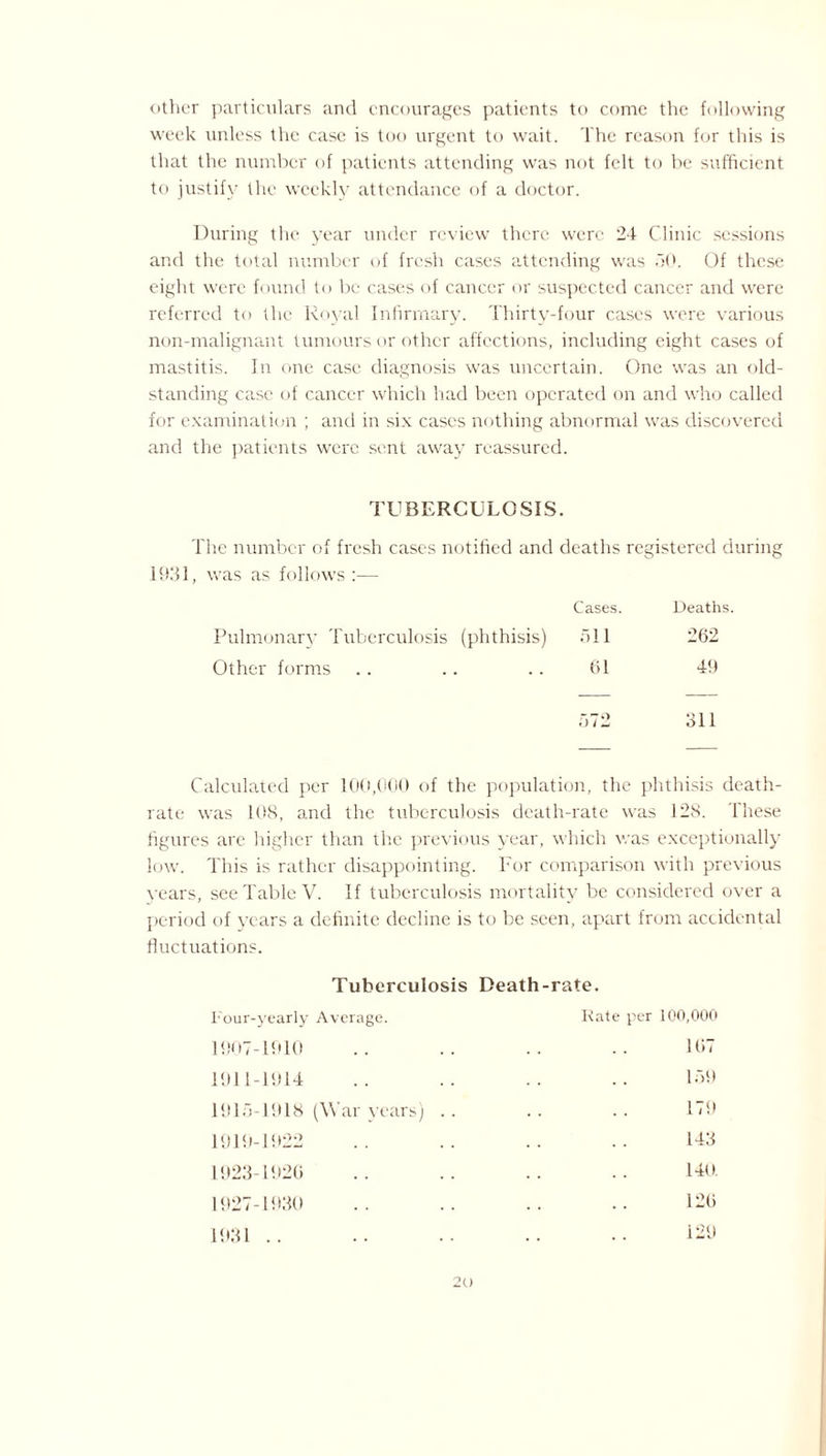 other particulars and encourages patients to come the following week unless the case is too urgent to wait. The reason for this is that the number of patients attending was not felt to be sufficient to justify the weekly attendance of a doctor. During the year under review there were 24 Clinic sessions and the total number of fresh cases attending was 50. Of these eight were found to be cases of cancer or suspected cancer and were referred to the Royal Infirmary. Thirty-four cases were various non-malignant tumours or other affections, including eight cases of mastitis. In one case diagnosis was uncertain. One was an old- standing case of cancer which had been operated on and who called for examination ; and in six cases nothing abnormal was discovered and the patients were sent away reassured. TUBERCULOSIS. The number of fresh cases notified and deaths registered during 1931, was as follows :— Cases. Deaths. Pulmonary Tuberculosis (phthisis) 511 202 Other forms 01 49 572 311 Calculated per 100,000 of the population, the phthisis death- rate was 108, and the tuberculosis death-rate was 128. These figures arc higher than the previous year, which was exceptionally low. This is rather disappointing. For comparison with previous years, see Table V. If tuberculosis mortality be considered over a period of years a definite decline is to be seen, apart from accidental fluctuations. Tuberculosis Death-rate. Four-yearly Average. 1907-1010 1911-1914 1915-1918 (War years) 1919-1922 1923-1920 1927-1930 1931 .. Kate per 100,000 107 159 179 143 140 120 129