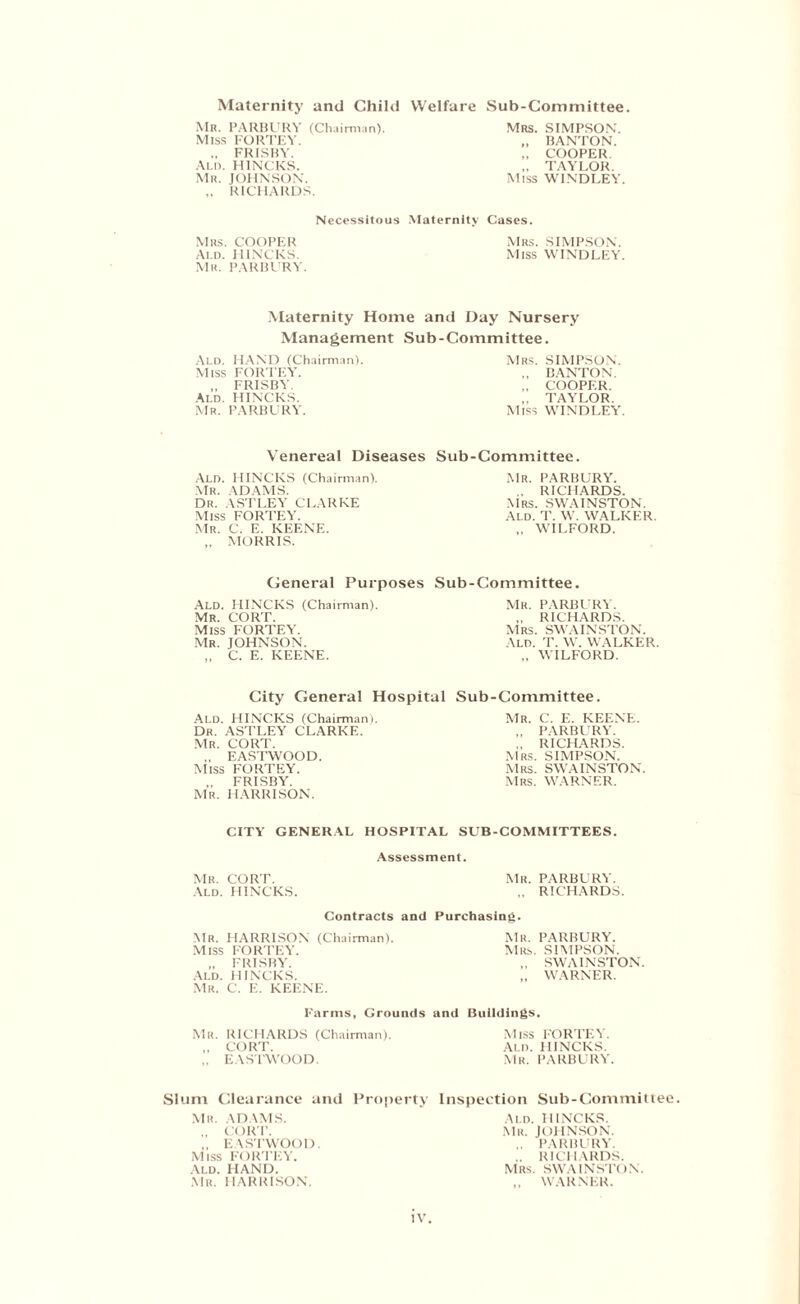Maternity and Child Welfare Sub-Comrnittee Mr. PARBURY (Chairman). Miss FORTEV. „ FRISBY. Ald. FUNCKS. Mr. JOHNSON. RICHARDS. Necessito Mrs. COOPER Ald. HINCKS. Mr. PARBURY. Mrs. SIMPSON. „ BANTON. „ COOPER. „ TAYLOR. Miss WINDLEY. > Maternity Cases. Mrs. SIMPSON. Miss WINDLEY. Maternity Home and Day Nursery Management Sub-Committee. Ald. HAND (Chairman). Miss FOR FEY. ,, FRISBY. Ald. HINCKS. Mr. PARBURY. Mrs. SIMPSON. BANTON. ,, COOPER. ,, TAYLOR. Miss WINDLEY. Venereal Diseases Sub-Committee. Ald. HINCKS (Chairman). Mr. ADAMS. Dr. ASTLEY CLARKE Miss FORTEY. Mr. C. E. KEENE. ,, MORRIS. Mr. PARBURY. ,, RICHARDS. Mrs. SWAINSTON. Ald. T. W. WALKER. „ WILFORD. General Purposes Sub-Committee. Ald. HINCKS (Chairman). Mr. CORT. Miss FORTEY. Mr. JOHNSON. „ C. E. KEENE. Mr. PARBURY. ,, RICHARDS. Mrs. SWAINSTON. Ald. T. W. WALKER. ,, WILFORD. City General Hospital Sub-Committee. Ald. HINCKS (Chairman). Dr. ASTLEY CLARKE. Mr. CORT. „ EASTWOOD. Miss FORTEY. FRISBY. Mr. HARRISON. Mr. C. E. KEENE. ,, PARBURY. ,, RICHARDS. Mrs. SIMPSON. Mrs. SWAINSTON. Mrs. WARNER. CITY GENERAL HOSPITAL SUB-COMMITTEES. Assessment. Mr. CORT. Mr. PARBURY. Ald. HINCKS. RICHARDS Contracts and Purchasing. Mr. HARRISON (Chairman). Miss FORTEY. „ FRISBY. Ald. HINCKS. Mr. C. E. KEENE. Mr. PARBURY. Mrs. SIMPSON. ,. SWAINSTON. „ WARNER. Farms, Grounds and Buildings. Mr. RICHARDS (Chairman). Miss FORTEY. „ CORT. Ald. HINCKS. ,, EASTWOOD. Mr. PARBURY. Slum Clearance and Property MR. ADAMS. CORT. ,, EASTWOOD. Miss FORTEY. Ald. HAND. Mr. HARRISON. Inspection Sub-Committee Ald. HINCKS. Mr. JOHNSON. .. PARBURY. .. RICHARDS. Mrs. SWAINSTON. WARNER. IV,