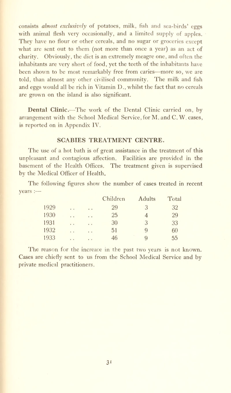 consists almost, exclusively of potatoes, milk, fish and sea-birds’ eggs with animal flesh very occasionally, and a limited supply of apples. They have no flour or other cereals, and no sugar or groceries except what are sent out to them (not more than once a year) as an act of charity. Obviously, the diet is an extremely meagre one, and often the inhabitants are very' short of food, yet the teeth of the inhabitants have been shown to he most remarkably free from caries—more so, we are told, than almost any other civilised community. The milk and fish and eggs would all be rich in Vitamin D., whilst the fact that no cereals are grown on the island is also significant. Dental Clinic.—The work of the Dental Clinic carried on, by arrangement with the School Medical Service, for M. and C. W. cases, is reported on in Appendix IV. SCABIES TREATMENT CENTRE. The use of a hot bath is of great assistance in the treatment of this unpleasant and contagious affection. Facilities are provided in the basement of the Health Offices. The treatment given is supervised by the Medical Officer of Health. The following figures show the number of cases treated in recent years :— Children Adults Total 1929 29 3 32 1930 25 4 29 1931 30 3 33 1932 51 9 60 1933 46 9 55 The reason for the increase in the past two years is not known. Cases are chiefly sent to us from the School Medical Service and by private medical practitioners. 3‘