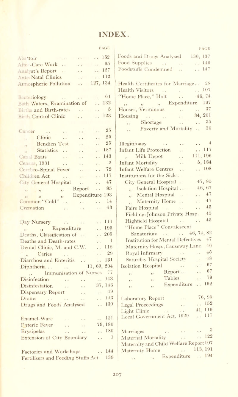 INDEX PAGE Abi toir . . 152 Aft. -Care Work .. . 65 yna st’s Report .. .. 127 Ante Natal Clinics . . 112 Atnu spheric Pollution .. 1 7, 134 Bacteriology 61 Bath Waters, Examination of . . 132 Bii :;s and Birth-rates 5 Bi: h Control Clinic .. 123 Ca. icer .. 25 Clinic .. 25 Bendien Test .. 25 Statistics . . 187 Ca Boats . . 143 Census, 1931 2 Ce ’ o-Spinal Fever . . 72 Chit ■ en Act .. 117 < ity General Hospital . . 47 „ „ „ Report .. 85 ,, ,, Expenditure 193 Common “Cold” .. 14 Cremation . . 43 Day Nursery . . 114 ,, ,, Expenditure . . 195 Deaths, Classification of . . .. 205 Deaths and Death-rates 4 Dental Clinic, M. and C.W. . . 118 ,, Caries 29 Diarrhoea and Enteritis .. 131 Diphtheria . . . . 11, 69, 204 ,, Immunisation of Nurses / 1 Disinfection . . 143 Disinfestation 37, 146 Dispensary Report . . 49 Drains .. 143 Drugs and Foods Analysed . . 130 Enamel-Ware . . 131 Fnteric Fever 79,180 Erysipelas . . 180 Extension of City Boundary 1 Factories and Workshops . . 144 Fertilisers and Feeding Stuffs Act 139 Foods and Drugs Analysed Food Supplies Foodstuffs Condemned I'AGE 130, 137 . . 146 .. 147 Health Certificates for Marriage. . 28 Health Visitors .. .. .. 107 “Home Place,” Holt . . 46, 74 ,, ,, ,, Expenditure 197 Houses, Verminous . . .. 37 Housing .. .. .. 34, 201 ,, Shortage .. .. 35 ,, Poverty and Mortality .. 36 11, 5, Illegitimacy Infant Life Protection ,, Milk Depot Infant Mortality Infant Welfare Centres Institutions for the Sick : City General Hospital . . ,, Isolation Hospital . . ,, Mental Hospital . . ,, Maternity Home Faire Hospital Fielding-Johnson Private Hosp. Highfield Hospital “Home Place” Convalescent Sanatorium . . • • 46, 74 Institution for Mental Defectives Maternity Hosp., Causeway Lane Royal Infirmary Saturday Hospital Society Isolation Hospital ,, „ Report.. ,, ,, Tables ,, Expenditure . . 4 117 196 184 108 47, 85 46, 67 47 . 47 . 45 45 45 ,82 47 46 45 48 67 67 79 192 Laboratory Report Legal Proceedings Light Clinic Local Government Act, 76, 95 ..152 41,119 1929 . . 117 Marriages .. • • • • •’ Maternal Mortality .. ..122 Maternity and Child Welfare Report 107 Maternity Home •• 113,191 ,, Expenditure .. 194