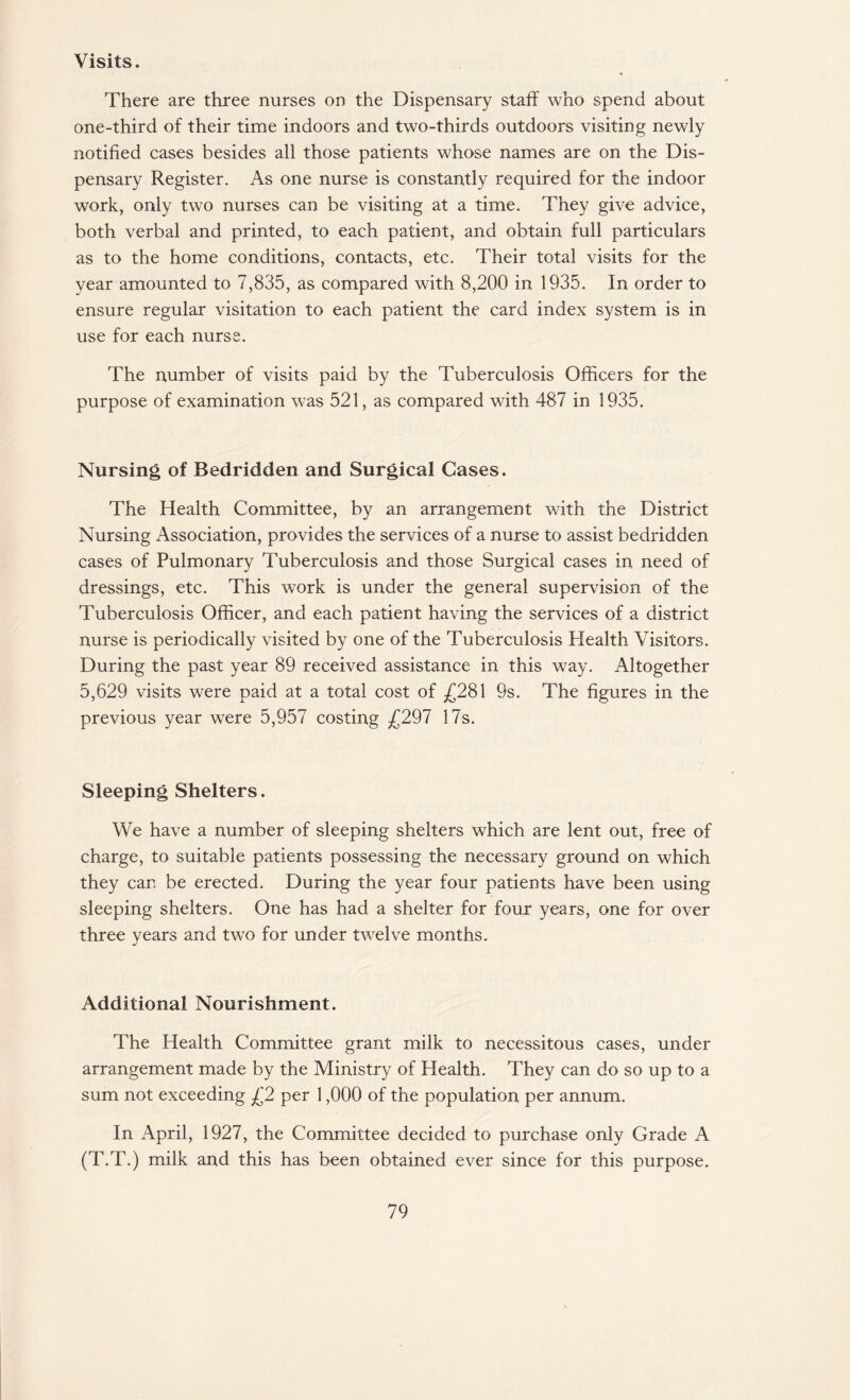 Visits. There are three nurses on the Dispensary staff who spend about one-third of their time indoors and two-thirds outdoors visiting newly notified cases besides all those patients whose names are on the Dis¬ pensary Register. As one nurse is constantly required for the indoor work, only two nurses can be visiting at a time. They give advice, both verbal and printed, to each patient, and obtain full particulars as to the home conditions, contacts, etc. Their total visits for the year amounted to 7,835, as compared with 8,200 in 1935. In order to ensure regular visitation to each patient the card index system is in use for each nurse. The number of visits paid by the Tuberculosis Officers for the purpose of examination was 521, as compared with 487 in 1935. Nursing of Bedridden and Surgical Cases. The Health Committee, by an arrangement with the District Nursing Association, provides the services of a nurse to assist bedridden cases of Pulmonary Tuberculosis and those Surgical cases in need of dressings, etc. This work is under the general supervision of the Tuberculosis Officer, and each patient having the services of a district nurse is periodically visited by one of the Tuberculosis Health Visitors. During the past year 89 received assistance in this way. Altogether 5,629 visits were paid at a total cost of £281 9s. The figures in the previous year were 5,957 costing £297 17s. Sleeping Shelters. We have a number of sleeping shelters which are lent out, free of charge, to suitable patients possessing the necessary ground on which they can be erected. During the year four patients have been using sleeping shelters. One has had a shelter for four years, one for over three years and two for under twelve months. Additional Nourishment. The Health Committee grant milk to necessitous cases, under arrangement made by the Ministry of Health. They can do so up to a sum not exceeding £2 per 1,000 of the population per annum. In April, 1927, the Committee decided to purchase only Grade A (T.T.) milk and this has been obtained ever since for this purpose.