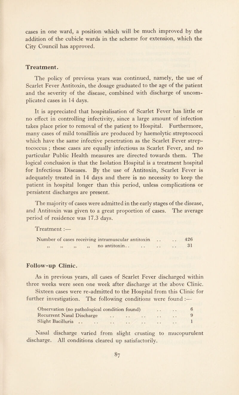 cases in one ward, a position which will be much improved by the addition of the cubicle wards in the scheme for extension, which the City Council has approved. Treatment, The policy of previous years was continued, namely, the use of Scarlet Fever Antitoxin, the dosage graduated to the age of the patient and the severity of the disease, combined with discharge of uncom¬ plicated cases in 14 days. It is appreciated that hospitalisation of Scarlet Fever has little or no effect in controlling infectivity, since a large amount of infection takes place prior to removal of the patient to Hospital. Furthermore, many cases of mild tonsillitis are produced by haemolytic streptococci which have the same infective penetration as the Scarlet Fever strep¬ tococcus ; these cases are equally infectious as Scarlet Fever, and no particular Public Health measures are directed towards them. The logical conclusion is that the Isolation Hospital is a treatment hospital for Infectious Diseases. By the use of Antitoxin, Scarlet Fever is adequately treated in 14 days and there is no necessity to keep the patient in hospital longer than this period, unless complications or persistent discharges are present. The majority of cases were admitted in the early stages of the disease, and Antitoxin was given to a great proportion of cases. The average period of residence was 17.3 days. Treatment :— Number of cases receiving intramuscular antitoxin . . . . 426 „ ,, ,, ,, no antitoxin. . . . . . . . 31 Follow-up Clinic. As in previous years, all cases of Scarlet Fever discharged within three weeks were seen one week after discharge at the above Clinic. Sixteen cases were re-admitted to the Hospital from this Clinic for further investigation. The following conditions were found :— Observation (no pathological condition found) . . . . 6 Recurrent Nasal Discharge . . . . . . . . . . 9 Slight Bacilluria . . . . . . . . . . . . . . 1 Nasal discharge varied from slight crusting to mucopurulent discharge. All conditions cleared up satisfactorily.