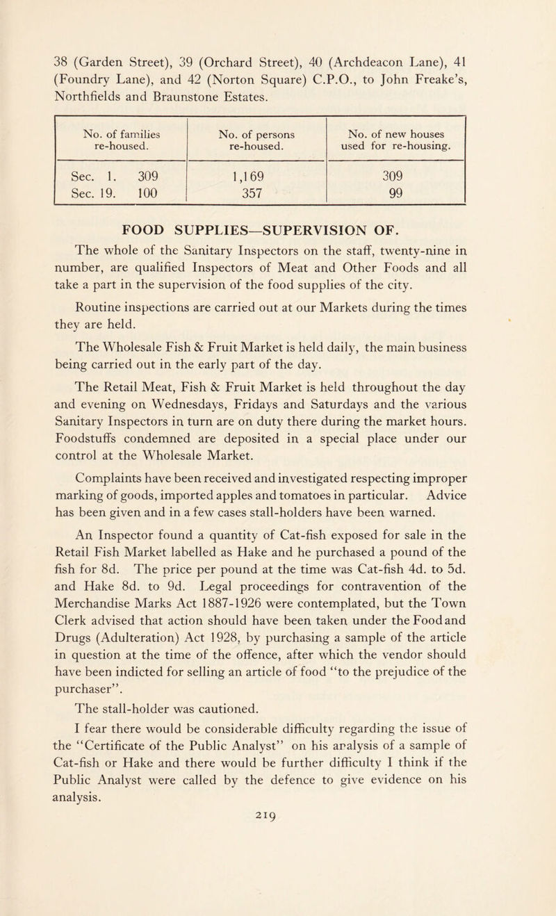 38 (Garden Street), 39 (Orchard Street), 40 (Archdeacon Lane), 41 (Foundry Lane), and 42 (Norton Square) C.P.O., to John Freake’s, Northfields and Braunstone Estates. No. of families No. of persons No. of new houses re-housed. re-housed. used for re-housing. Sec. 1. 309 1,169 309 Sec. 19. 100 357 99 FOOD SUPPLIES—SUPERVISION OF. The whole of the Sanitary Inspectors on the staff, twenty-nine in number, are qualified Inspectors of Meat and Other Foods and all take a part in the supervision of the food supplies of the city. Routine inspections are carried out at our Markets during the times they are held. The Wholesale Fish & Fruit Market is held daily, the main business being carried out in the early part of the day. The Retail Meat, Fish & Fruit Market is held throughout the day and evening on Wednesdays, Fridays and Saturdays and the various Sanitary Inspectors in turn are on duty there during the market hours. Foodstuffs condemned are deposited in a special place under our control at the Wholesale Market. Complaints have been received and investigated respecting improper marking of goods, imported apples and tomatoes in particular. Advice has been given and in a few cases stall-holders have been warned. An Inspector found a quantity of Cat-fish exposed for sale in the Retail Fish Market labelled as Hake and he purchased a pound of the fish for 8d. The price per pound at the time was Cat-fish 4d. to 5d. and Hake 8d. to 9d. Legal proceedings for contravention of the Merchandise Marks Act 1887-1926 were contemplated, but the Town Clerk advised that action should have been taken under the Food and Drugs (Adulteration) Act 1928, by purchasing a sample of the article in question at the time of the offence, after which the vendor should have been indicted for selling an article of food “to the prejudice of the purchaser”. The stall-holder was cautioned. I fear there would be considerable difficulty regarding the issue of the “Certificate of the Public Analyst” on his analysis of a sample of Cat-fish or Hake and there would be further difficulty I think if the Public Analyst were called by the defence to give evidence on his analysis.