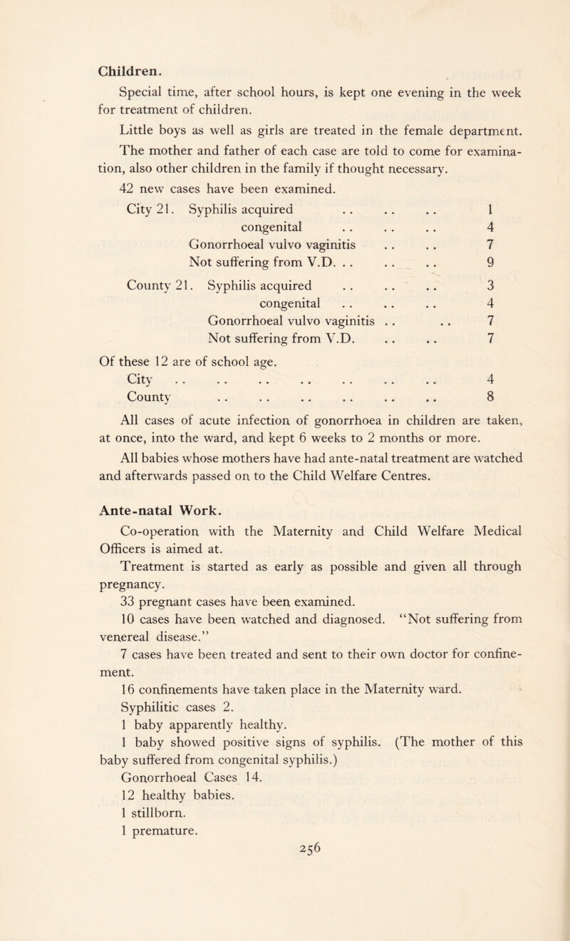 Children. Special time, after school hours, is kept one evening in the week for treatment of children. Little boys as well as girls are treated in the female department. The mother and father of each case are told to come for examina¬ tion, also other children in the family if thought necessary. 42 new cases have been examined. City 21. Syphilis acquired . . . . .. 1 congenital . . . . .. 4 Gonorrhoeal vulvo vaginitis . . . . 7 Not suffering from V.D. . . .. . . 9 County 21. Syphilis acquired . . . . . . 3 congenital . . .. .. 4 Gonorrhoeal vulvo vaginitis . . .. 7 Not suffering from V.D. .. .. 7 Of these 12 are of school age. City. 4 County .. .. .. .. .. .. 8 All cases of acute infection of gonorrhoea in children are taken, at once, into the ward, and kept 6 weeks to 2 months or more. All babies whose mothers have had ante-natal treatment are watched and afterwards passed on to the Child Welfare Centres. Ante-natal Work. Co-operation with the Maternity and Child Welfare Medical Officers is aimed at. Treatment is started as early as possible and given all through pregnancy. 33 pregnant cases have been examined. 10 cases have been watched and diagnosed. “Not suffering from venereal disease.” 7 cases have been treated and sent to their own doctor for confine¬ ment. 16 confinements have taken place in the Maternity ward. Syphilitic cases 2. 1 baby apparently healthy. 1 baby showed positive signs of syphilis. (The mother of this baby suffered from congenital syphilis.) Gonorrhoeal Cases 14. 12 healthy babies. 1 stillborn. 1 premature.