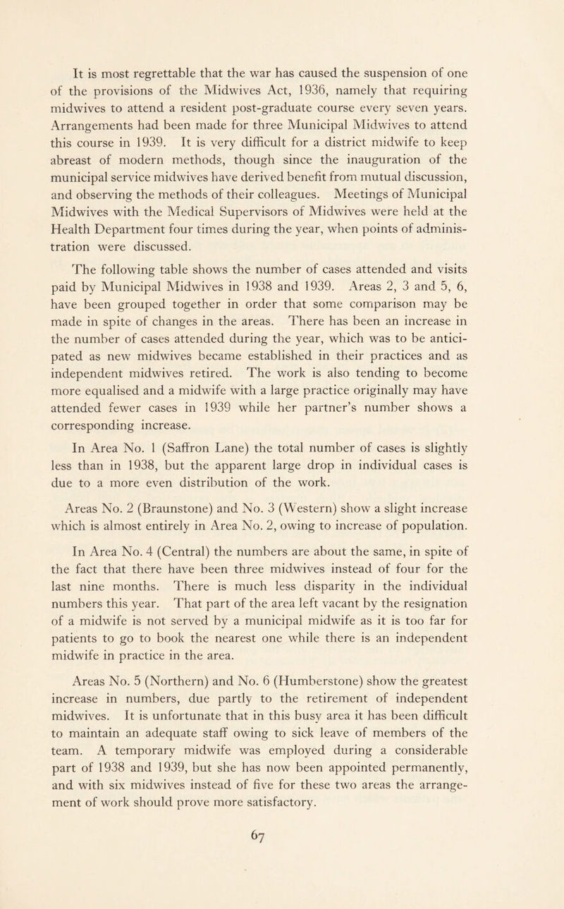 It is most regrettable that the war has caused the suspension of one of the provisions of the Midwives Act, 1936, namely that requiring midwives to attend a resident post-graduate course every seven years. Arrangements had been made for three Municipal Midwives to attend this course in 1939. It is very difficult for a district midwife to keep abreast of modern methods, though since the inauguration of the municipal service midwives have derived benefit from mutual discussion, and observing the methods of their colleagues. Meetings of Municipal Midwives with the Medical Supervisors of Midwives were held at the Health Department four times during the year, when points of adminis¬ tration were discussed. The following table shows the number of cases attended and visits paid by Municipal Midwives in 1938 and 1939. Areas 2, 3 and 5, 6, have been grouped together in order that some comparison may be made in spite of changes in the areas. There has been an increase in the number of cases attended during the year, which was to be antici¬ pated as new midwives became established in their practices and as independent midwives retired. The work is also tending to become more equalised and a midwife with a large practice originally may have attended fewer cases in 1939 while her partner’s number shows a corresponding increase. In Area No. 1 (Saffron Lane) the total number of cases is slightly less than in 1938, but the apparent large drop in individual cases is due to a more even distribution of the work. Areas No. 2 (Braunstone) and No. 3 (Western) show a slight increase which is almost entirely in Area No. 2, owing to increase of population. In Area No. 4 (Central) the numbers are about the same, in spite of the fact that there have been three midwives instead of four for the last nine months. There is much less disparity in the individual numbers this year. That part of the area left vacant by the resignation of a midwife is not served by a municipal midwife as it is too far for patients to go to book the nearest one while there is an independent midwife in practice in the area. Areas No. 5 (Northern) and No. 6 (Humberstone) show the greatest increase in numbers, due partly to the retirement of independent midwives. It is unfortunate that in this busy area it has been difficult to maintain an adequate staff owing to sick leave of members of the team. A temporary midwife was employed during a considerable part of 1938 and 1939, but she has now been appointed permanently, and with six midwives instead of five for these two areas the arrange¬ ment of work should prove more satisfactory.