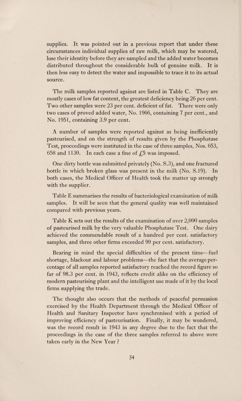 supplies. It was pointed out in a previous report that under these circumstances individual supplies of raw milk, which may be watered, lose their identity before they are sampled and the added water becomes distributed throughout the considerable bulk of genuine milk. It is then less easy to detect the water and impossible to trace it to its actual source. The milk samples reported against are listed in Table C. They are mostly cases of low fat content, the greatest deficiency being 26 per cent. Two other samples were 23 per cent, deficient of fat. There were only two cases of proved added water, No. 1966, containing 7 per cent., and No. 1951, containing 3.9 per cent. A number of samples were reported against as being inefficiently pasteurised, and on the strength of results given by the Phosphatase Test, proceedings were instituted in the case of three samples, Nos. 653, 658 and 1130. In each case a fine of £5 was imposed. One dirty bottle was submitted privately (No. S.3), and one fractured bottle in which broken glass was present in the milk (No. S.19). In both cases, the Medical Officer of Health took the matter up strongly with the supplier. Table E summarises the results of bacteriological examination of milk samples. It will be seen that the general quality was well maintained compared with previous years. Table K sets out the results of the examination of over 2,000 samples of pasteurised milk by the very valuable Phosphatase Test. One dairy achieved the commendable result of a hundred per cent, satisfactory samples, and three other firms exceeded 99 per cent, satisfactory. Bearing in mind the special difficulties of the present time—fuel shortage, blackout and labour problems—the fact that the average per¬ centage of all samples reported satisfactory reached the record figure so far of 98.3 per cent, in 1943, reflects credit alike on the efficiency of modern pasteurising plant and the intelligent use made of it by the local firms supplying the trade. The thought also occurs that the methods of peaceful persuasion exercised by the Health Department through the Medical Officer of Health and Sanitary Inspector have synchronised with a period of improving efficiency of pasteurisation. Finally, it may be wondered, was the record result in 1943 in any degree due to the fact that the proceedings in the case of the three samples referred to above were taken early in the New Year ?