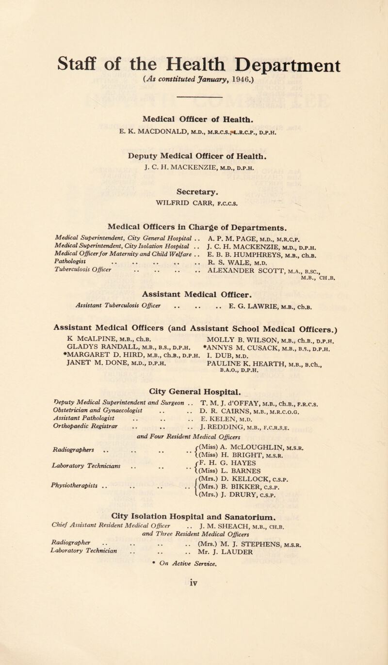 Staff of the Health Department (As constituted January, 1946.) Medical Officer of Health. E. K. MACDONALD, m.d., m.r.c.s.,*«l.r.c.p., d.p.h. Deputy Medical Officer of Health. J. C. H. MACKENZIE, m.d., d.p.h. Secretary. WILFRID CARR, F.c.c.S. Medical Officers in Charge of Departments. Medical Superintendent, City General Hospital .. Medical Superintendent, City Isolation Hospital .. Medical Officer for Maternity and Child Welfare .. Pathologist . Tuberculosis Officer A. P. M. PAGE, m.d., m.r.c.p. J. C. H. MACKENZIE, m.d., d.p.h. E. B. B. HUMPHREYS, M.B., ch.B. R. S. WALE, M.D. ALEXANDER SCOTT, m.a., b.sc., M.B., CH.B. Assistant Medical Officer. Assistant Tuberculosis Officer ..E. G. LAWRIE, M.B., ch.B. Assistant Medical Officers (and Assistant School Medical Officers.) K McALPINE, M.B., ch.B. MOLLY B. WILSON, m.b., ch.B., d.p.h. GLADYS RANDALL, m.b., b.s., d.p.h. *ANNYS M. CUSACK, m.b., b.s., d.p.h. ^MARGARET D. HIRD, m.b., ch.B., d.p.h. I. DUB, m.d. JANET M. DONE, m.d., d.p.h. PAULINE K. HEARTH, m.b., B.ch., B.A.O., D.P.H. City General Hospital. Deputy Medical Superintendent and Surgeon .. T. M. J. d’OFFAY, M.B., ch.B., F.R.c.s. Obstetrician and Gynaecologist .. .. D. R. CAIRNS, m.b., m.r.c.o.g. Assistant Pathologist .. .. .. E. KELEN, m.d. Orthopaedic Registrar .. .. .. J. REDDING, m.b., f.c.r.s.e. Radiographers Laboratory Technicians Physiotherapists .. and Four Resident Medical Officers f(Miss) A. McLOUGHLIN, M.S.R. '* i(Miss) H. BRIGHT, m.s.r. f F. H. G. HAYES ** t (Miss) L. BARNES i (Mrs.) D. KELLOCK, c.s.P. | (Mrs.) B. BIKKER, c.s.P. I (Mrs.) J. DRURY, c.s.P. City Isolation Hospital and Sanatorium. Chief Assistant Resident Medical Officer .. J. M. SHEACH, M.B., CH.B. and Three Resident Medical Officers Radiographer .. .. .. .. (Mrs.) M. J. STEPHENS, M.S.R. Laboratory Technician .. .. .. Mr. J. LAUDER * On Active Service.