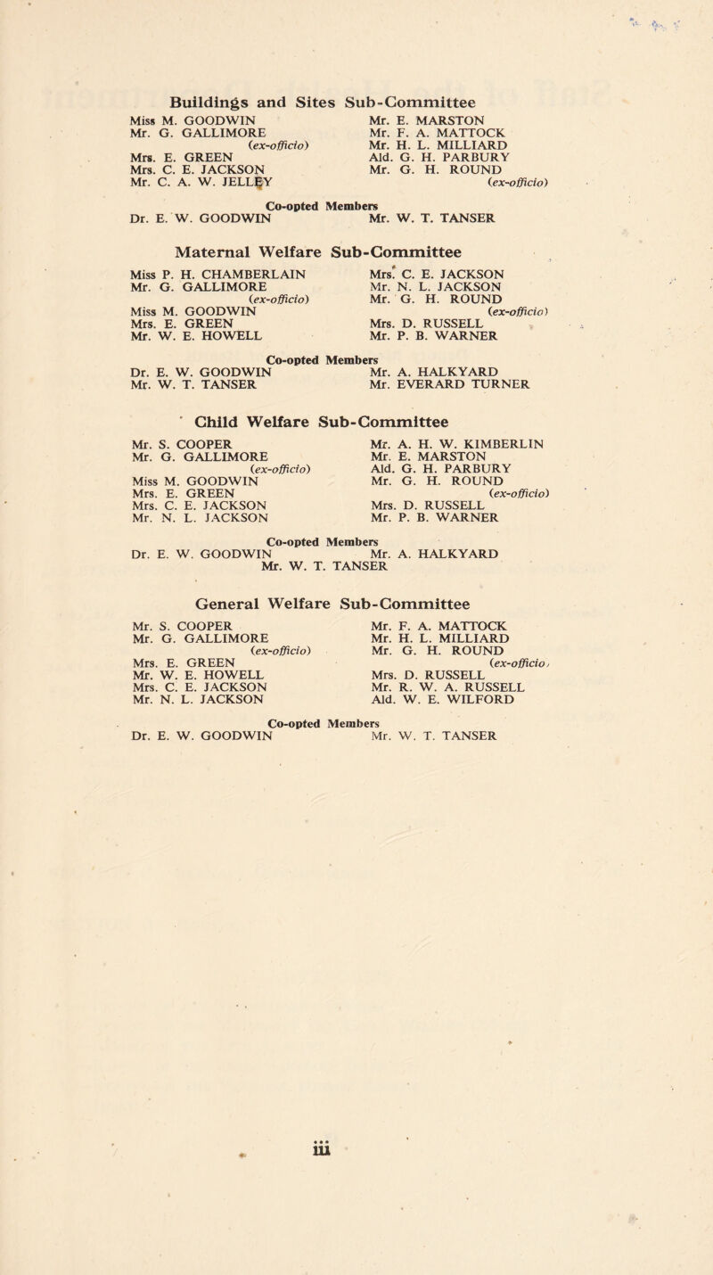 Buildings and Sites Sub-Committee Miss M. GOODWIN Mr. G. GALLIMORE (ex-officio) Mrs. E. GREEN Mrs. C. E. JACKSON Mr. C. A. W. JELLfY Mr. E. MARSTON Mr. F. A. MATTOCK Mr. H. L. MILLIARD Aid. G. H. PARBURY Mr. G. H. ROUND (ex-officio) Co-opted Members Dr. E. W. GOODWIN Mr. W. T. TANSER Maternal Welfare Sub-Committee Miss P. H. CHAMBERLAIN Mr. G. GALLIMORE (ex-officio) Miss M. GOODWIN Mrs. E. GREEN Mr. W. E. HOWELL Mrs. C. E. JACKSON Mr. N. L. JACKSON Mr. G. H. ROUND (ex-officio) Mrs. D. RUSSELL Mr. P. B. WARNER Co-opted Members Dr. E. W. GOODWIN Mr. A. HALKYARD Mr. W. T. TANSER Mr. EVERARD TURNER Child Welfare Sub-Committee Mr. S. COOPER Mr. G. GALLIMORE (ex-officio) Miss M. GOODWIN Mrs. E. GREEN Mrs. C. E. JACKSON Mr. N. L. JACKSON Mr. A. H. W. K1MBERLIN Mr. E. MARSTON Aid. G. H. PARBURY Mr. G. H. ROUND (ex-officio) Mrs. D. RUSSELL Mr. P. B. WARNER Co-opted Members Dr. E. W. GOODWIN Mr. A. HALKYARD Mr. W. T. TANSER General Welfare Sub-Committee Mr. S. COOPER Mr. G. GALLIMORE (ex-officio) Mrs. E. GREEN Mr. W. E. HOWELL Mrs. C. E. JACKSON Mr. N. L. JACKSON Mr. F. A. MATTOCK Mr. H. L. MILLIARD Mr. G. H. ROUND (ex-officio / Mrs. D. RUSSELL Mr. R. W. A. RUSSELL Aid. W. E. WILFORD Co-opted Members Dr. E. W. GOODWIN Mr. W. T. TANSER