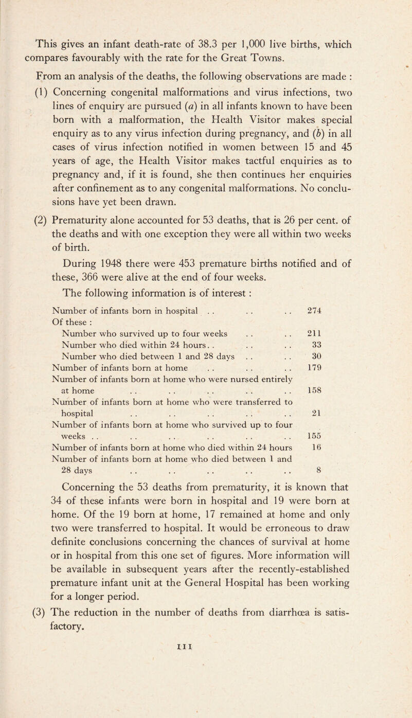 This gives an infant death-rate of 38.3 per 1,000 live births, which compares favourably with the rate for the Great Towns. From an analysis of the deaths, the following observations are made : (1) Concerning congenital malformations and virus infections, two lines of enquiry are pursued (a) in all infants known to have been born with a malformation, the Health Visitor makes special enquiry as to any virus infection during pregnancy, and (b) in all cases of virus infection notified in women between 15 and 45 years of age, the Health Visitor makes tactful enquiries as to pregnancy and, if it is found, she then continues her enquiries after confinement as to any congenital malformations. No conclu¬ sions have yet been drawn. (2) Prematurity alone accounted for 53 deaths, that is 26 per cent, of the deaths and with one exception they were all within two weeks of birth. During 1948 there were 453 premature births notified and of these, 366 were alive at the end of four weeks. The following information is of interest: Number of infants born in hospital . . . . . . 274 Of these : Number who survived up to four weeks . . . . 211 Number who died within 24 hours. . . . . . 33 Number who died between 1 and 28 days . . . . 30 Number of infants born at home . . . . . . 179 Number of infants born at home who were nursed entirely at home . . . . . . . . . . 158 Number of infants born at home wrho were transferred to hospital . . . . . . . . . . 21 Number of infants born at home who survived up to four weeks . . . . . . . . . . . . 155 Number of infants born at home who died within 24 hours 16 Number of infants bom at home who died between 1 and 28 days . . . . . . . . . . 8 Concerning the 53 deaths from prematurity, it is known that 34 of these infants were born in hospital and 19 were born at home. Of the 19 born at home, 17 remained at home and only two were transferred to hospital. It would be erroneous to draw definite conclusions concerning the chances of survival at home or in hospital from this one set of figures. More information will be available in subsequent years after the recently-established premature infant unit at the General Hospital has been working for a longer period. (3) The reduction in the number of deaths from diarrhoea is satis¬ factory. Hi