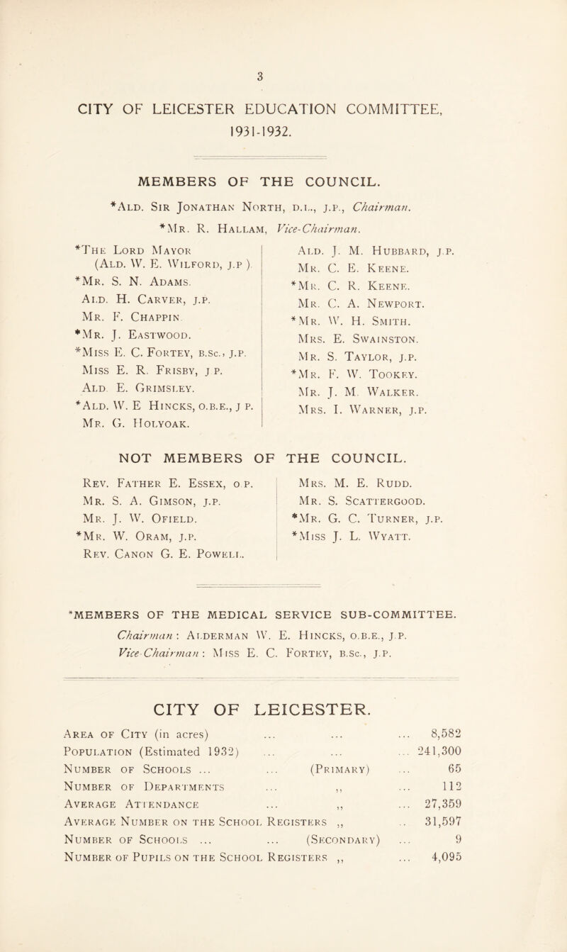 CITY OF LEICESTER EDUCATION COMMITTEE, 1931-1932. MEMBERS OF THE COUNCIL. *Ald. Sir Jonathan North, d.l., j.p., Chairman. *Mr. R. Hall am. Vice-Chairman. *The Lord Mayor (Ald. W. E. WILFORD, j.p ). *Mr. S. N. Adams. Ai.d. H. Carver, j.p. Mr. F. Chappin *Mr. J. Eastwood. *Miss E. C. Fortey, b.sc., j.p. Miss E. R. Frisby, j p. Ald E. Grimsley. *Ald. W. E Hincks, O.B.E., j p. Mr. G. Holyoak. Ald. J. M. Hubbard, j.p. Mr. C. E. Keene. *Mr. C. R. Keene. Mr. C. A. Newport. * Mr. W. H. Smith. Mrs. E. Swainston. Mr. S. Taylor, j.p. *M r. F. W. Tookey. Mr. J. M. Walker. Mrs. I. Warner, j.p. NOT MEMBERS OF THE COUNCIL. Rev. Father E. Essex, o p. Mr. S. A. Gimson, j.p. Mr. J. W. Ofield. *Mr. W. Oram, j.p. Rev. Canon G. E. Powell. Mrs. M. E. Rudd. Mr. S. Scattergood. *Mr. G. C. Turner, j.p. *Miss J. L. Wyatt. ^MEMBERS OF THE MEDICAL SERVICE SUB-COMMITTEE. Chairman'. Alderman W. E. Hincks, o.b.e., j.p. Vice-Chairman'. Miss E. C. Fortey, b.sc., j.p. CITY OF LEICESTER. Area of City (in acres) Population (Estimated 1932) Number of Schools ... ... (Primary) Number of Departments ... ,, Average Attendance ... ,, Average Number on the School Registers ,, Number of Schools ... ... (Secondary) Number of Pupils on the School Registers ,, 8,582 241,300 65 112 27,359 31,597 9 4,095