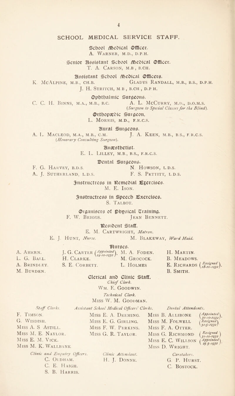 SCHOOL MEDICAL SERVICE STAFF. School /iheMcal Officer. A. Warner, m.d., d.p.h. Senior assistant School /iheMcal Officer. T. A. Carson, m.b , b.ch. assistant School /Iftehlcal Officers. K. McAlPINE, M.B., CH.B. GLADYS RANDALL, M.B., B.S., D.P.H. J. H. Stritch, m b, b.ch , d.p.h. Ophthalmic Surgeons. C. C. H. BlNNS, M.A., M.B., B.C. A. L. McCuRRY, M.D., D.O.M.S. {Surgeon to Special Classes for the Blind). OrthopxOlc Surgeon. L. Morris, m.d., f.r.c.s. aural Surgeons. A. L. MACLEOD, M.A., M.B., C.M. J. A. KEEN, M.B., B.S., F.R.C.S. (.Honorary Consulting Surgeon). anaesthetist. E. L. LlLLEY, M.B., B.S., F.R.C.S. Dental Surgeons. F. G. Harvey, b.d.s. N. Howson, ld.s. A. J. Sutherland, l.d.s. F. S. Pettitt, l d.s. instructress In IRemeMal Bjerclses. M. E. Ison. instructress In Speech Bxerclses. S. Talbot. Organisers ot (Physical draining. F. W. Briggs. Jean Bennett. IResihent Staff. E. M. Cartwright, Matron. E. J. Hunt, Nurse. M. Blakeway, Ward Maid. Burses. A. Ahern. [. G. Carter lAppointed\ , a. F'oden. j \24-10-1g32 /• L. G. Ball. H. Clarke. M. Grocock. A. Brindley. S. E. Corbett. L. Holmes M. Burden. Clerical anD Clinic Staff. Chief Clerk. Wm. E. Goodwin. Technical Clerk. Miss W. M. Goodman. H. Martin. B. Meadows. E. Richards (fs‘s/c B. Smith. Staff Clerks. F. Timson. G. Wisdish. Miss A. S Astill. Miss M. E. Naylor. Miss E. M. Vick. Miss M. K. Wallbank Assistant School Medical Officers'' Clerks. De>ital Attendants. Miss E. A. Deeming. Miss E. G. Girling. Miss F. W. Perkins. Miss G. R. Taylor. Miss B. Al.libone Miss M. Folwell Miss F. A. Otter. Miss G. Richmond M iss E. C. Willson Miss D. Wright. / Resigned \ \3l-IO-lQ32 J / Appointed\ V 23-5-/932 ) Clinic and Enquiry Officers. Clinic Attendant. C. Oldham. H. J. Donne. C. E. Haigh. S. B. Harris. Caretakers. G. P. Hurst. C. Bostock.