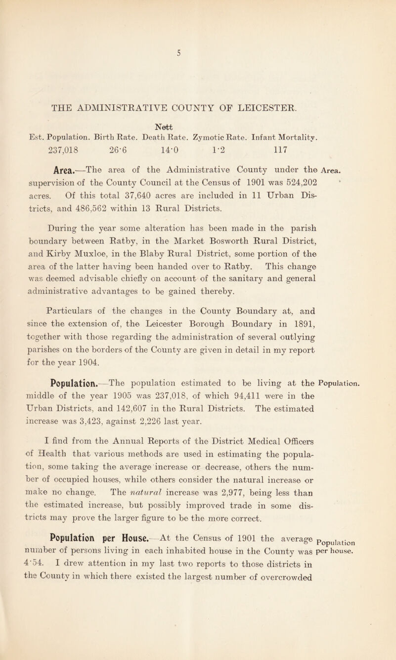 THE ADMINISTRATIVE COUNTY OF LEICESTER. Nett Est. Population. Birth Rate. Death Rate. Zymotic Rate. Infant Mortality. 237,018 26*6 14*0 1*2 117 Area.—The area of the Administrative County under the Area, supervision of the County Council at the Census of 1901 was 524,202 acres. Of this total 37,640 acres are included in 11 Urban Dis¬ tricts, and 486,562 within 13 Rural Districts. During the year some alteration has been made in the parish boundary between Ratby, in the Market Bosworth Rural District, and Kirby Muxloe, in the Blaby Rural District, some portion of the area of the latter having been handed over to Ratby. This change was deemed advisable chiefly on account of the sanitary and general administrative advantages to be gained thereby. Particulars of the changes in the County Boundary at, and since the extension of, the Leicester Borough Boundary in 1891, together with those regarding the administration of several outlying parishes on the borders of the County are given in detail in my report for the year 1904. Population.—The population estimated to be living at the Population, middle of the year 1905 was 237,018, of which 94,411 were in the Urban Districts, and 142,607 in the Rural Districts. The estimated increase was 3,423, against 2,226 last year. I find from the Annual Reports of the District Medical Officers of Health that various methods are used in estimating the popula¬ tion, some taking the average increase or decrease, others the num¬ ber of occupied houses, while others consider the natural increase or make no change. The natural increase was 2,977, being less than the estimated increase, but possibly improved trade in some dis¬ tricts may prove the larger figure to be the more correct. Population per House.—At the Census of 1901 the average popuiation number of persons living in each inhabited house in the County was Per house. 4*54. I drew attention in my last two reports to those districts in the County in which there existed the largest number of overcrowded