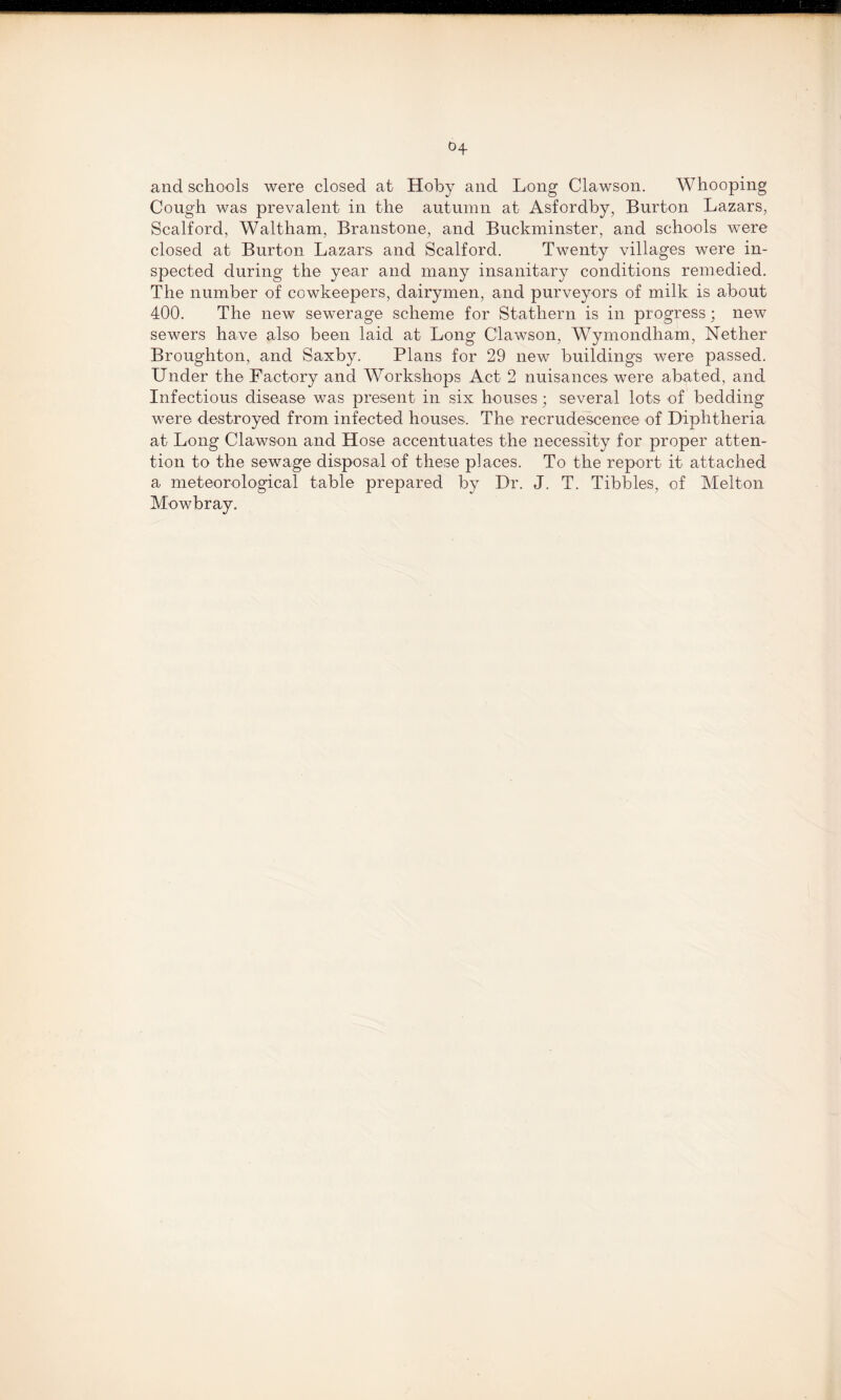 H and schools were closed at Hoby and Long Clawson. Whooping Cough was prevalent in the autumn at Asfordby, Burton Lazars, Scalford, Waltham, Branstone, and Buckminster, and schools were closed at Burton Lazars and Scalford. Twenty villages were in¬ spected during the year and many insanitary conditions remedied. The number of cowkeepers, dairymen, and purveyors of milk is about 400. The new sewerage scheme for Stathern is in progress; new sewers have also been laid at Long Clawson, Wymondham, Nether Broughton, and Saxby. Plans for 29 new buildings were passed. Under the Factory and Workshops Act 2 nuisances were abated, and Infectious disease was present in six houses; several lots of bedding were destroyed from infected houses. The recrudescence of Diphtheria at Long Clawson and Hose accentuates the necessity for proper atten¬ tion to the sewage disposal of these places. To the report it attached a meteorological table prepared by Dr. J. T. Tibbies, of Melton Mowbray.