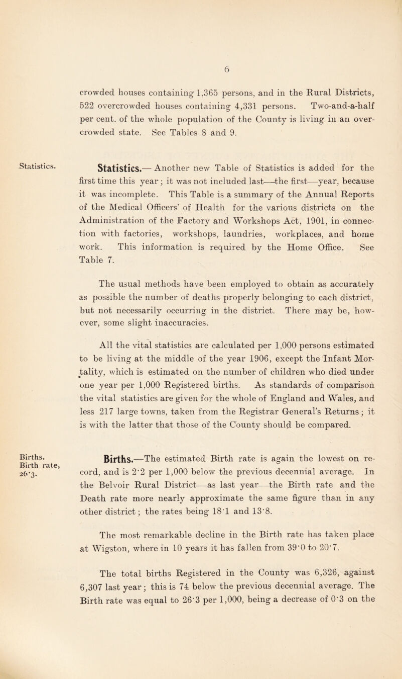 Statistics. Births. Birth rate, 26-3. crowded houses containing 1,365 persons, and in the Rural Districts, 522 overcrowded houses containing 4,331 persons. Two-and-a-half per cent, of the whole population of the County is living in an over¬ crowded state. See Tables 8 and 9. Statistics .— Another new Table of Statistics is added for the first time this year; it was not included last—the first—year, because it was incomplete. This Table is a summary of the Annual Reports of the Medical Officers’ of Health for the various districts on the Administration of the Factory and Workshops Act, 1901, in connec¬ tion with factories, workshops, laundries, workplaces, and home work. This information is required by the Home Office. See Table 7. The usual methods have been employed to obtain as accurately as possible the number of deaths properly belonging to each district, but not necessarily occurring in the district. There may be, how¬ ever, some slight inaccuracies. All the vital statistics are calculated per 1,000' persons estimated to be living at the middle of the year 1906, except the Infant Mor¬ tality, which is estimated on the number of children who died under one year per 1,000 Registered births. As standards of comparison the vital statistics are given for the whole of England and Wales, and less 217 large towns, taken from the Registrar General’s Returns; it is with the latter that those of the County should be compared. Births. —The estimated Birth rate is again the lowest on re¬ cord, and is 2*2 per 1,000 below the previous decennial average. In the Belvoir Rural District—as last year—the Birth rate and the Death rate more nearly approximate the same figure than in any other district; the rates being 18*1 and 13*8. The most remarkable decline in the Birth rate has taken place at Wigston, where in 10 years it has fallen from 39*0 to 20*7. The total births Registered in the County was 6,326, against 6,307 last year; this is 74 below the previous decennial average. The Birth rate was equal to 26*3 per 1,000, being a decrease of 0*3 on the