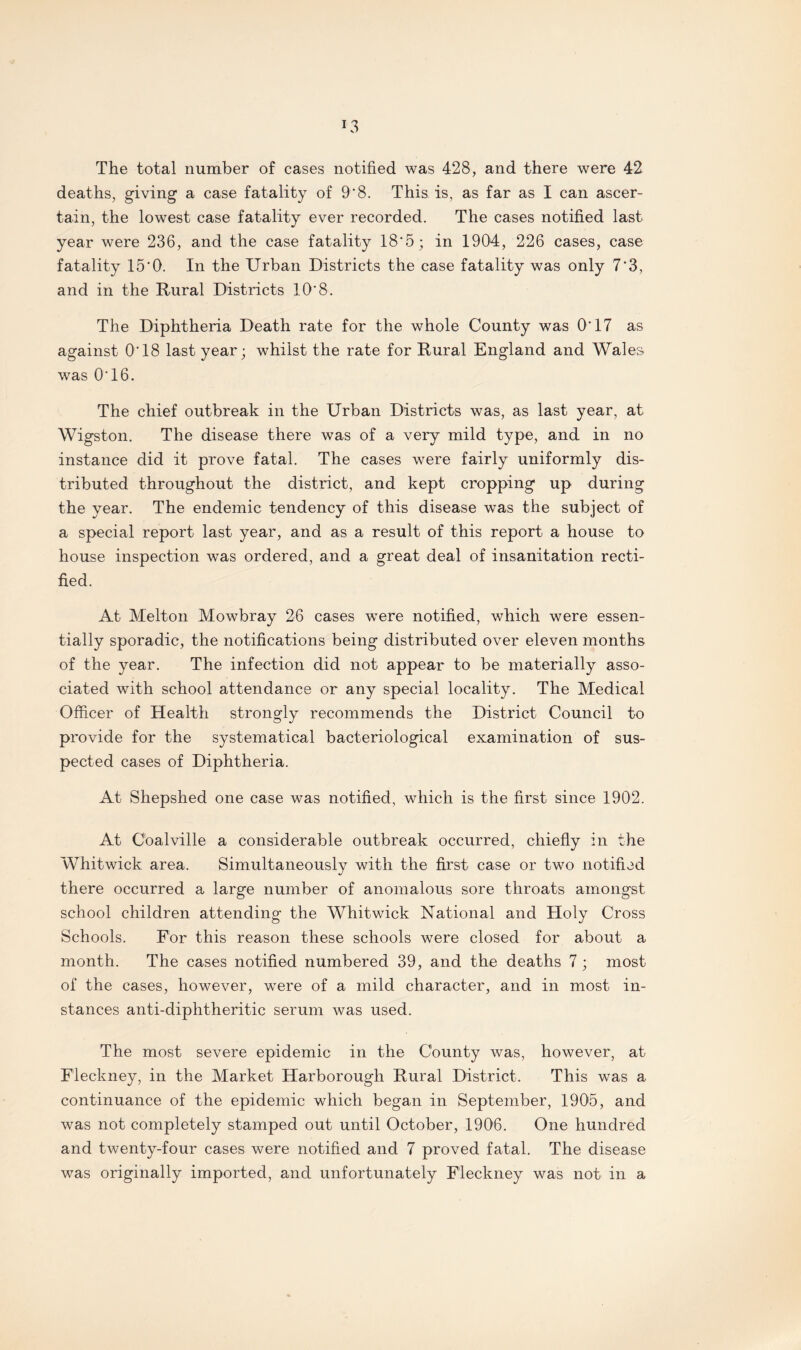03 The total number of cases notified was 428, and there were 42 deaths, giving a case fatality of 9'8. This is, as far as I can ascer¬ tain, the lowest case fatality ever recorded. The cases notified last year were 236, and the case fatality 18'5; in 1904, 226 cases, case fatality 15'0. In the Urban Districts the case fatality was only 7'3, and in the Rural Districts 10’8. The Diphtheria Death rate for the whole County was 0*17 as against O'18 last year; whilst the rate for Rural England and Wales, was O'16. The chief outbreak in the Urban Districts was, as last year, at Wigston. The disease there was of a very mild type, and in no instance did it prove fatal. The cases were fairly uniformly dis¬ tributed throughout the district, and kept cropping up during the year. The endemic tendency of this disease was the subject of a special report last year, and as a result of this report a house to house inspection was ordered, and a great deal of insanitation recti¬ fied. At Melton Mowbray 26 cases were notified, which were essen¬ tially sporadic, the notifications being distributed over eleven months of the year. The infection did not appear to be materially asso¬ ciated with school attendance or any special locality. The Medical Officer of Health strongly recommends the District Council to provide for the systematical bacteriological examination of sus¬ pected cases of Diphtheria. At Shepshed one case was notified, which is the first since 1902. At Coalville a considerable outbreak occurred, chiefly in the Whitwick area. Simultaneously with the first case or two notified there occurred a large number of anomalous sore throats amongst school children attending the Whitwick National and Holy Cross Schools. For this reason these schools were closed for about a month. The cases notified numbered 39, and the deaths 7 ; most of the cases, however, were of a mild character, and in most in¬ stances anti-diphtheritic serum was used. The most severe epidemic in the County was, however, at Fleckney, in the Market Harborough Rural District. This was a continuance of the epidemic which began in September, 1905, and was not completely stamped out until October, 1906. One hundred and twenty-four cases were notified and 7 proved fatal. The disease was originally imported, and unfortunately Fleckney was not in a
