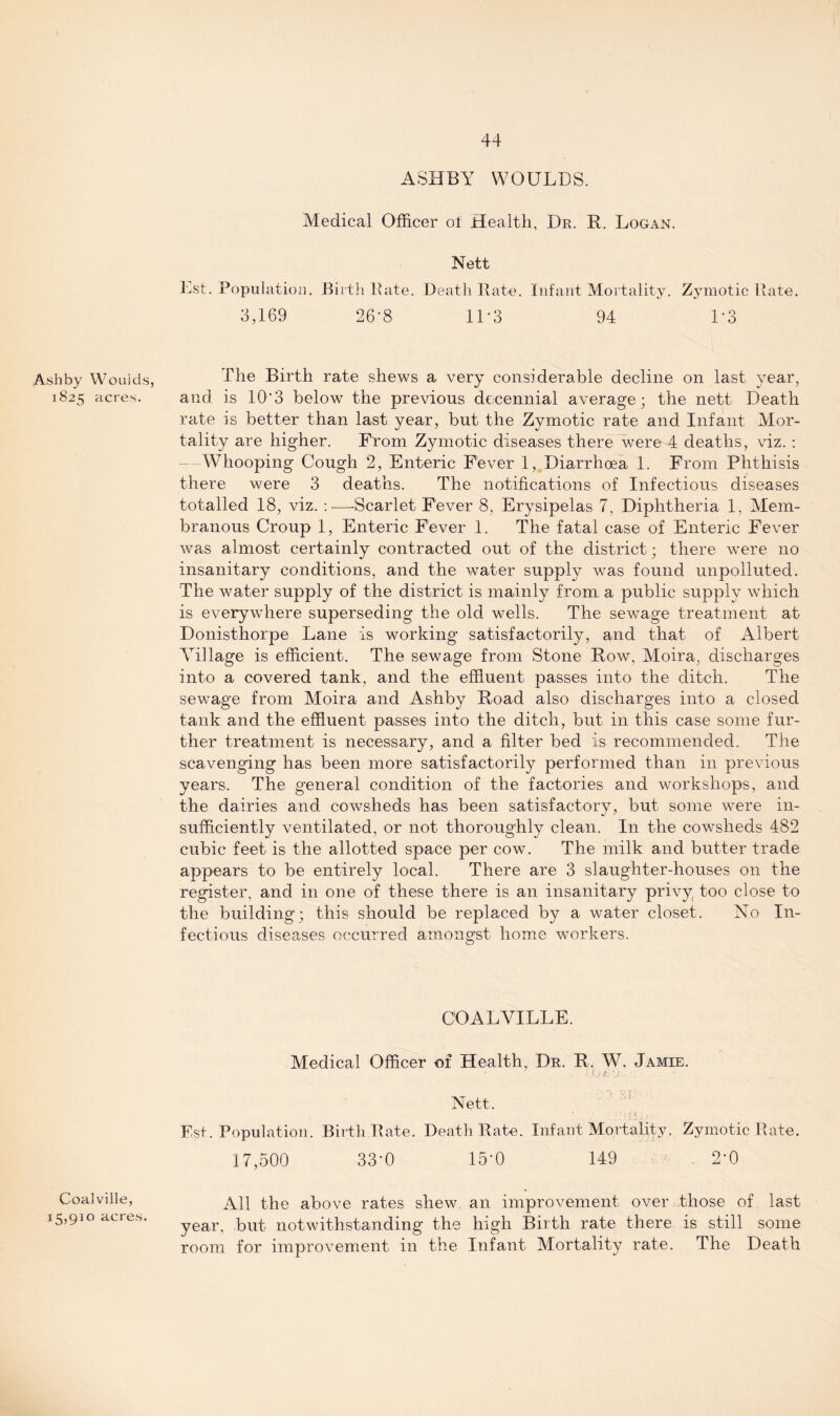 Ashby Woulds, 1825 acres. Coalville, 15,910 acres. ASHBY WOULDS. Medical Officer of Health, Dr. R. Logan. Nett Lst. Population. Birth Rate. Death Rate. Infant Mortality. Zymotic Rate. 3,169 26-8 1L3 94 L3 The Birth rate shews a very considerable decline on last year, and is 10‘3 below the previous decennial average; the nett Death rate is better than last year, but the Zymotic rate and Infant Mor¬ tality are higher. From Zymotic diseases there were 4 deaths, viz. : Whooping Cough 2, Enteric Fever 1, Diarrhoea 1. From Phthisis there were 3 deaths. The notifications of Infectious diseases totalled 18, viz. :—'Scarlet Fever 8, Erysipelas 7, Diphtheria 1, Mem¬ branous Croup 1, Enteric Fever 1. The fatal case of Enteric Fever was almost certainly contracted out of the district; there were no insanitary conditions, and the water supply was found unpolluted. The water supply of the district is mainly from a public supply which is everywhere superseding the old wells. The sewage treatment at Donisthorpe Lane is working satisfactorily, and that of Albert Village is efficient. The sewage from Stone Row, Moira, discharges into a covered tank, and the effluent passes into the ditch. The sewage from Moira and Ashby Road also discharges into a closed tank and the effluent passes into the ditch, but in this case some fur¬ ther treatment is necessary, and a filter bed is recommended. The scavenging has been more satisfactorily performed than in previous years. The general condition of the factories and workshops, and the dairies and cowsheds has been satisfactory, but some were in¬ sufficiently ventilated, or not thoroughly clean. In the cowsheds 482 cubic feet is the allotted space per cow. The milk and butter trade appears to be entirely local. There are 3 slaughter-houses 011 the register, and in one of these there is an insanitary privy, too close to the building; this should be replaced by a water closet. No In¬ fectious diseases occurred amongst home workers. COALVILLE. Medical Officer of Health Dr. R. W. Jamie. ’ ■ / Nett. 1 ' ' •! i < , ■, Est. Population. Birth Rate. Death Rate. Infant Mortality. Zymotic Rate. 17,500 33-0 15-0 149 2‘0 All the above rates shew an improvement over those of last year, but notwithstanding the high Birth rate there is still some room for improvement in the Infant Mortality rate. The Death