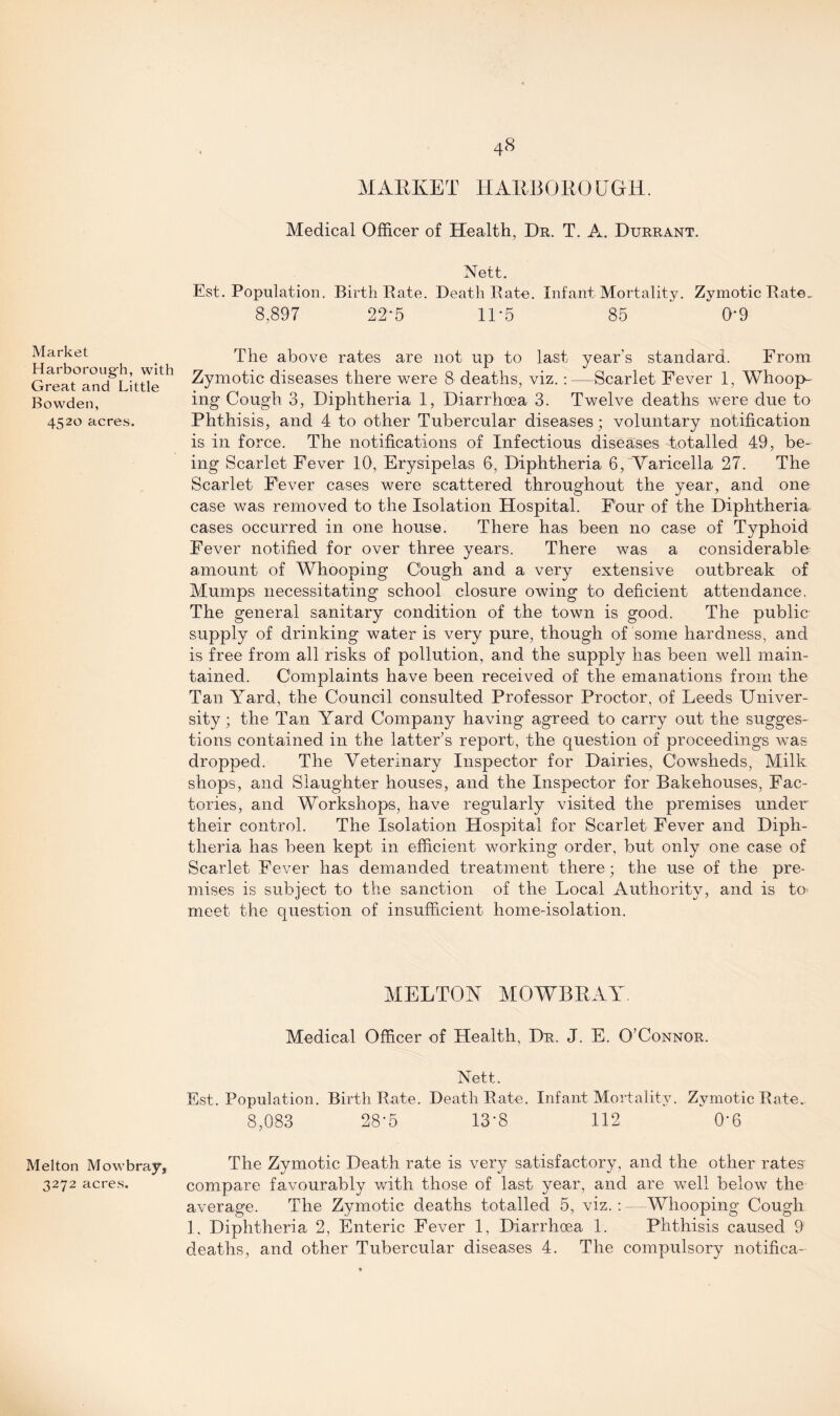 Market Harboroug'h, with Great and Little Bowden, 4520 acres. Melton Mowbray, 3272 acres. 48 MARKET HARBOROUGTi. Medical Officer of Health, Dr. T. A. Dtjrrant. Nett. Est. Population. Birth Rate. Death Rate. Infant Mortality. Zymotic Rate, 8,897 22-5 11*5 85 ' 09 The above rates are not up to last year’s standard. From Zymotic diseases there were 8 deaths, viz.:—Scarlet Fever 1, Whoop¬ ing Cough 3, Diphtheria 1, Diarrhoea 3. Twelve deaths were due to Phthisis, and 4 to other Tubercular diseases; voluntary notification is in force. The notifications of Infectious diseases totalled. 49, be¬ ing Scarlet Fever 10, Erysipelas 6, Diphtheria 6, Varicella 27. The Scarlet Fever cases were scattered throughout the year, and one case was removed to the Isolation Hospital. Four of the Diphtheria cases occurred in one house. There has been no case of Typhoid Fever notified for over three years. There was a considerable amount of Whooping C'ough and a very extensive outbreak of Mumps necessitating school closure owing to deficient attendance. The general sanitary condition of the town is good. The public supply of drinking water is very pure, though of some hardness, and is free from all risks of pollution, and the supply has been well main¬ tained. Complaints have been received of the emanations from the Tan Yard, the Council consulted Professor Proctor, of Leeds Univer¬ sity; the Tan Yard Company having agreed to carry out the sugges¬ tions contained in the latter’s report, the question of proceedings was dropped. The Veterinary Inspector for Dairies, Cowsheds, Milk shops, and Slaughter houses, and the Inspector for Bakehouses, Fac¬ tories, and Workshops, have regularly visited the premises under their control. The Isolation Hospital for Scarlet Fever and Diph¬ theria has been kept in efficient working order, but only one case of Scarlet Fever has demanded treatment there; the use of the pre¬ mises is subject to the sanction of the Local Authority, and is to- meet the question of insufficient home-isolation. MEL TOY MOWBRAY Medical Officer of Health, Dr. J. E. O’Connor. Nett. Est. Population. Birth Rate. Death Rate. Infant Mortality. Zymotic Rate, 8,083 28-5 13-8 112 Offi The Zymotic Death rate is very satisfactory, and the other rates compare favourably with those of last year, and are well below the average. The Zymotic deaths totalled 5, viz. : Whooping Cough 1, Diphtheria 2, Enteric Fever 1, Diarrhoea 1. Phthisis caused 9 deaths, and other Tubercular diseases 4. The compulsory notifica-