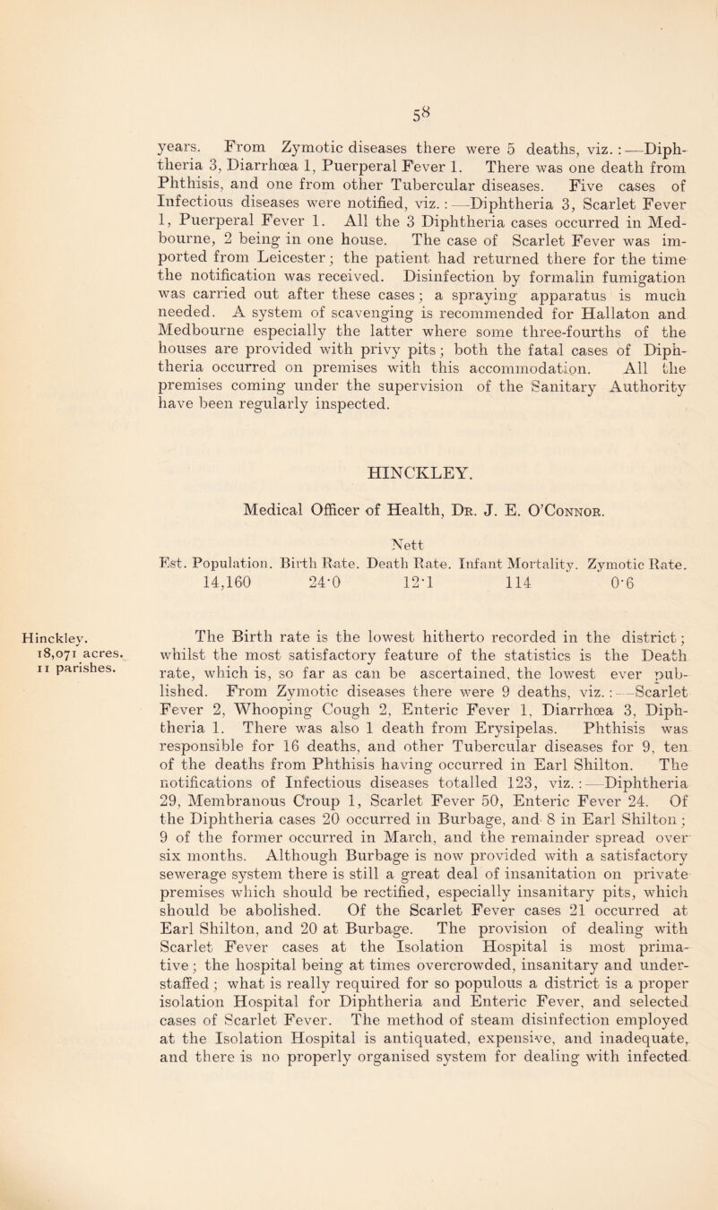 Hinckley. 18,071 acres. 11 parishes. 58 years. From Zymotic diseases there were 5 deaths, viz. :—Diph¬ theria 3, Diarrhoea 1, Puerperal Fever 1. There was one death from Phthisis, and one from other Tubercular diseases. Five cases of Infectious diseases were notified, viz.:—Diphtheria 3, Scarlet Fever 1, Puerperal Fever 1. All the 3 Diphtheria cases occurred in Med- bourne, 2 being* in one house. The case of Scarlet Fever was im¬ ported from Leicester; the patient had returned there for the time the notification was received. Disinfection by formalin fumigation was carried out after these cases; a spraying apparatus is much needed. A system of scavenging is recommended for Hallaton and Medbourne especially the latter where some three-fourths of the houses are provided with privy pits; both the fatal cases of Diph¬ theria occurred on premises with this accommodation. All the premises coming under the supervision of the Sanitary Authority have been regularly inspected. HINCKLEY. Medical Officer of Health, Dr. J. E. O’Connor. Nett Est. Population. Birth Pate. Death Rate. Infant Mortality. Zymotic Rate. 14,160 24-0 12-1 114 ‘ 0*6 The Birth rate is the lowest hitherto recorded in the district; whilst the most satisfactory feature of the statistics is the Death rate, which is, so far as can be ascertained, the lowest ever pub¬ lished. From Zymotic diseases there were 9 deaths, viz.:—Scarlet Fever 2, Whooping Cough 2, Enteric Fever 1, Diarrhoea 3, Diph¬ theria 1. There was also 1 death from Erysipelas. Phthisis was responsible for 16 deaths, and other Tubercular diseases for 9, ten of the deaths from Phthisis having occurred in Earl Shilton. The notifications of Infectious diseases totalled 123, viz. :- Diphtheria 29, Membranous Croup 1, Scarlet Fever 50, Enteric Fever 24. Of the Diphtheria cases 20 occurred in Burbage, and 8 in Earl Shilton ; 9 of the former occurred in March, and the remainder spread over six months. Although Burbage is now provided with a satisfactory sewerage system there is still a great deal of insanitation on private premises which should be rectified, especially insanitary pits, which should be abolished. Of the Scarlet Fever cases 21 occurred at Earl Shilton, and 20 at Burbage. The provision of dealing with Scarlet Fever cases at the Isolation Hospital is most prima- tive; the hospital being at times overcrowded, insanitary and under¬ staffed ; what is really required for so populous a district is a proper isolation Hospital for Diphtheria and Enteric Fever, and selected cases of Scarlet Fever. The method of steam disinfection employed at the Isolation Hospital is antiquated, expensive, and inadequate, and there is no properly organised system for dealing with infected
