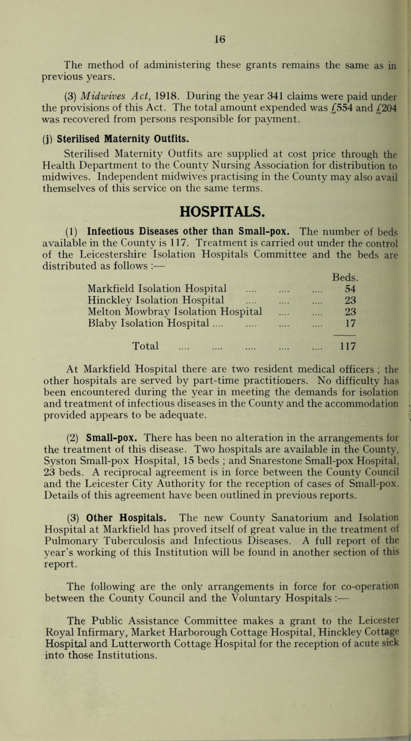 The method of administering these grants remains the same as in previous years. (3) Midwives Act, 1918. During the year 341 claims were paid under the provisions of this Act. The total amount expended was ,(554 and (204 was recovered from persons responsible for payment. (j) Sterilised Maternity Outfits. Sterilised Maternity Outfits are supplied at cost price through the Health Department to the County Nursing Association for distribution to midwives. Independent midwives practising in the County may also avail themselves of this service on the same terms. HOSPITALS. (1) Infectious Diseases other than Small-pox. The number of beds available in the County is 117. Treatment is carried out under the control of the Leicestershire Isolation Hospitals Committee and the beds are distributed as follows :— Beds. Markfield Isolation Hospital . 54 Hinckley Isolation Hospital . 23 Melton Mowbray Isolation Hospital .... .... 23 Blaby Isolation Hospital. 17 Total . 117 At Markfield Hospital there are two resident medical officers ; the other hospitals are served by part-time practitioners. No difficulty has been encountered during the year in meeting the demands for isolation and treatment of infectious diseases in the County and the accommodation provided appears to be adequate. (2) Small-pox. There has been no alteration in the arrangements for the treatment of this disease. Two hospitals are available in the County, Syston Small-pox Hospital, 15 beds ; and Snarestone Small-pox Hospital, 23 beds. A reciprocal agreement is in force between the County Council and the Leicester City Authority for the reception of cases of Small-pox. Details of this agreement have been outlined in previous reports. (3) Other Hospitals. The new County Sanatorium and Isolation Hospital at Markfield has proved itself of great value in the treatment of Pulmonary Tuberculosis and Infectious Diseases. A full report of the year’s working of this Institution will be found in another section of this report. The following are the only arrangements in force for co-operation between the County Council and the Voluntary Hospitals :— The Public Assistance Committee makes a grant to the Leicester Royal Infirmary, Market Harborough Cottage Hospital, Hinckley Cottage Hospital and Lutterworth Cottage Hospital for the reception of acute sick into those Institutions.