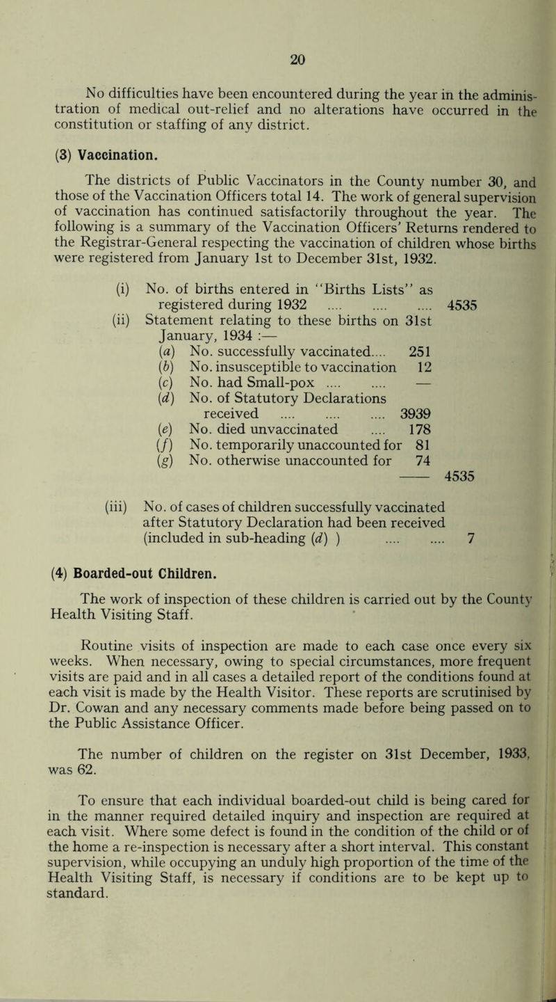 No difficulties have been encountered during the year in the adminis¬ tration of medical out-relief and no alterations have occurred in the constitution or staffing of any district. (3) Vaccination. The districts of Public Vaccinators in the County number 30, and those of the Vaccination Officers total 14. The work of general supervision of vaccination has continued satisfactorily throughout the year. The following is a summary of the Vaccination Officers' Returns rendered to the Registrar-General respecting the vaccination of children whose births were registered from January 1st to December 31st, 1932. (i) No. of births entered in “Births Lists” as registered during 1932 4535 (ii) Statement relating to these births on 31st January, 1934 :— (a) No. successfully vaccinated. .. 251 (b) No. insusceptible to vaccination 12 (c) No. had Small-pox . — (d) No. of Statutory Declarations received . 3939 (e) No. died unvaccinated .... 178 (/) No. temporarily unaccounted for 81 (g) No. otherwise unaccounted for 74 - 4535 (iii) No. of cases of children successfully vaccinated after Statutory Declaration had been received (included in sub-heading (d) ) 7 (4) Boarded-out Children. The work of inspection of these children is carried out by the County Health Visiting Staff. Routine visits of inspection are made to each case once every six weeks. When necessary, owing to special circumstances, more frequent visits are paid and in all cases a detailed report of the conditions found at each visit is made by the Health Visitor. These reports are scrutinised by Dr. Cowan and any necessary comments made before being passed on to the Public Assistance Officer. The number of children on the register on 31st December, 1933, was 62. To ensure that each individual boarded-out child is being cared for in the manner required detailed inquiry and inspection are required at each visit. Where some defect is found in the condition of the child or of the home a re-inspection is necessary after a short interval. This constant supervision, while occupying an unduly high proportion of the time of the Health Visiting Staff, is necessary if conditions are to be kept up to standard.