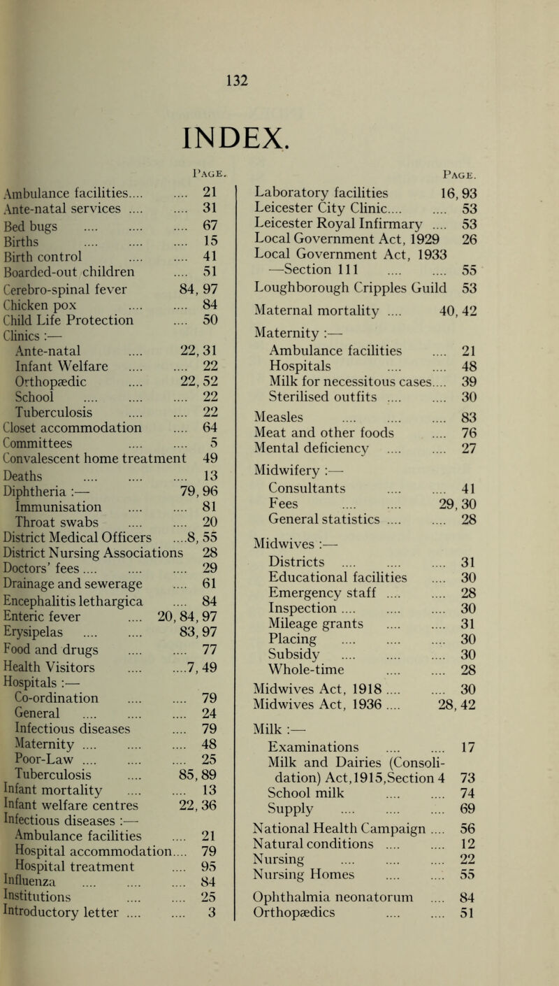 INDEX. Ambulance facilities.... Page. .... 21 Ante-natal services .... .... 31 Bed bugs . .... 67 Births . .... 15 Birth control . .... 41 Boarded-out children .... 51 Cerebro-spinal fever 84, 97 Chicken pox . .... 84 Child Life Protection .... 50 Clinics :— Ante-natal 22,31 Infant Welfare . .... 22 Orthopaedic 22,52 School . .... 22 Tuberculosis .... 22 Closet accommodation .... 64 Committees . 5 Convalescent home treatment 49 Deaths . ... 13 Diphtheria :— 79,96 Immunisation ... 81 Throat swabs ... 20 District Medical Officers ...8, 55 District Nursing Associations 28 Doctors’fees.... ... 29 Drainage and sewerage ... 61 Encephalitis lethargica ... 84 Enteric fever .... 20,84,97 Erysipelas . 83, 97 Food and drugs . ... 77 Health Visitors . ...7,49 Hospitals :•— Co-ordination ... 79 General . ... 24 Infectious diseases ... 79 Maternity. ... 48 Poor-Law. ... 25 Tuberculosis 85,89 Infant mortality . ... 13 Infant welfare centres 22,36 Infectious diseases :— Ambulance facilities . 21 Hospital accommodation .. 79 Hospital treatment . 95 Influenza . . 84 Institutions . 25 Introductory letter .... 3 Page. Laboratory facilities 16,93 Leicester City Clinic. 53 Leicester Royal Infirmary .... 53 Local Government Act, 1929 26 Local Government Act, 1933 —Section 111 55 Loughborough Cripples Guild 53 Maternal mortality .... 40, 42 Maternity :— Ambulance facilities .... 21 Hospitals 48 Milk for necessitous cases.... 39 Sterilised outfits .... .... 30 Measles . 83 Meat and other foods .... 76 Mental deficiency . 27 Midwifery Consultants . 41 Fees . 29,30 General statistics. 28 Midwives :— Districts . 31 Educational facilities .... 30 Emergency staff .... .... 28 Inspection .... .... .... 30 Mileage grants . 31 Placing . 30 Subsidy . 30 Whole-time . 28 Midwives Act, 1918 .... .... 30 Midwives Act, 1936 .... 28, 42 Milk :—- Examinations .... .... 17 Milk and Dairies (Consoli¬ dation) Act, 1915,Section 4 73 School milk . 74 Supply . .... 69 National Health Campaign .... 56 Natural conditions .... .... 12 Nursing . 22 Nursing Homes . 55 Ophthalmia neonatorum .... 84 Orthopaedics .... .... 51