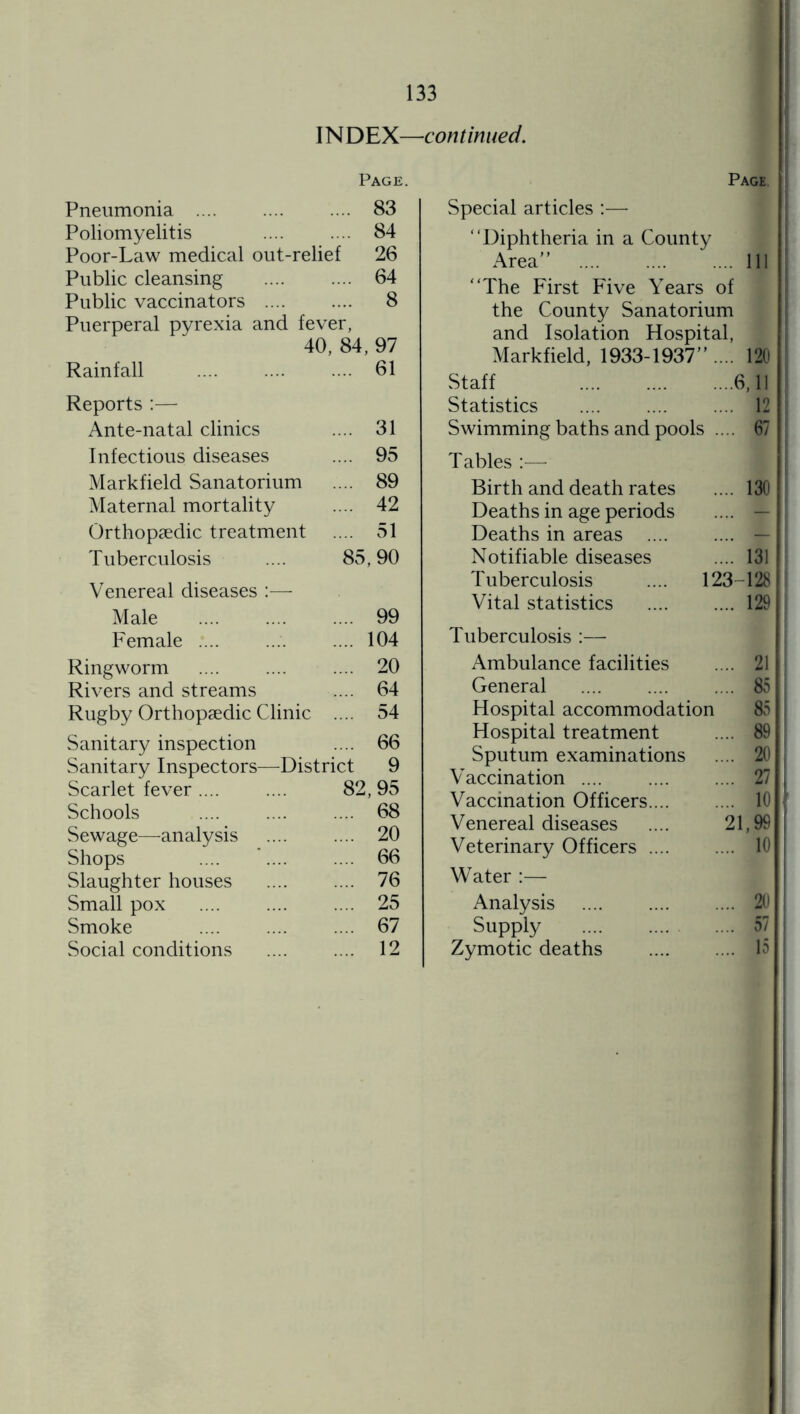INDEX— continued. Page. Pneumonia .... .... .... 83 Poliomyelitis 84 Poor-Law medical out-relief 26 Public cleansing . 64 Public vaccinators . 8 Puerperal pyrexia and fever, 40, 84, 97 Rainfall .... . 61 Reports :— Ante-natal clinics .... 31 Infectious diseases .... 95 Markfield Sanatorium .... 89 Maternal mortality .... 42 Orthopaedic treatment .... 51 Tuberculosis .... 85,90 Venereal diseases :— Male . 99 Female .... .... .... 104 Ringworm .... .... .... 20 Rivers and streams .... 64 Rugby Orthopaedic Clinic .... 54 Sanitary inspection Sanitary Inspectors- Scarlet fever .... Schools Sewage—analysis Shops Slaughter houses Small pox Smoke Social conditions 66 District 9 82,95 68 20 66 76 25 67 12 Page. Special articles :— “Diphtheria in a County Area” .Ill “The First Five Years of the County Sanatorium and Isolation Hospital, Markfield, 1933-1937” . ... 120 Staff . ...6,11 Statistics ... 12 Swimming baths and pools . ... 67 Tables :— Birth and death rates ... 130 Deaths in age periods ... — | Deaths in areas .... ... — 1 Notifiable diseases ... 131 Tuberculosis .... 123-128 Vital statistics . ... 129 Tuberculosis :— Ambulance facilities ... 21 General ... 85 Hospital accommodation 85 Hospital treatment ... 89 Sputum examinations ... 20 Vaccination. ... 27 Vaccination Officers.... ... 10 Venereal diseases 21,99 Veterinary Officers .... ... 10 Water :— Analysis . ... 20 Supply . ... 57 Zymotic deaths ... 15