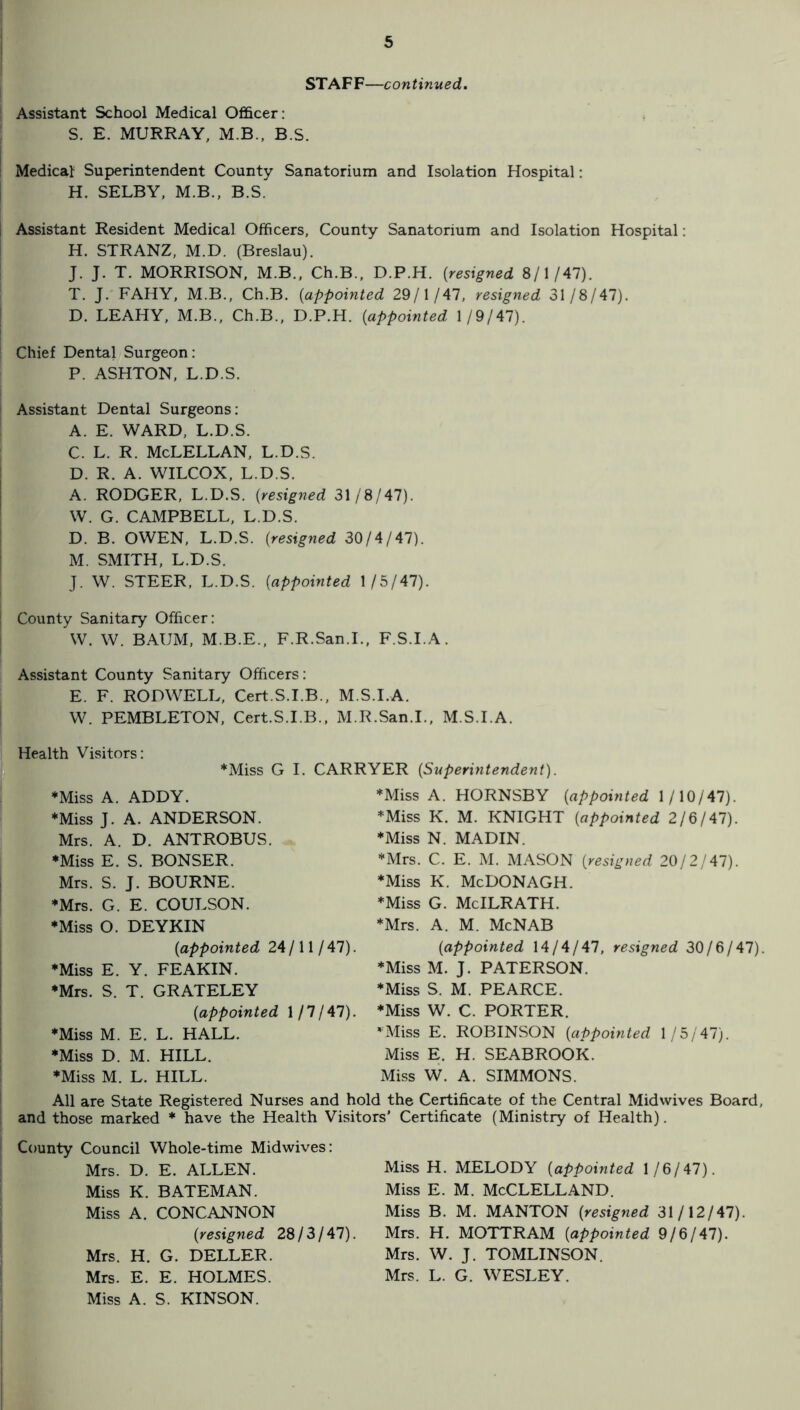 STAFF—continued. I Assistant School Medical Officer: I S. E. MURRAY, xM.B., B.S. : Medical Superintendent County Sanatorium and Isolation Hospital: H. SELBY. M.B., B.S. I Assistant Resident Medical Officers, County Sanatorium and Isolation Hospital: I H. STRANZ, M.D. (Breslau). J. J. T. MORRISON, M.B., Ch.B., D.P.H. [resigned 8/1/47). T. J. FAHY, M.B., Ch.B. [appointed 29/1 /47, resigned 31/8/47). I D. LEAHY, M.B., Ch.B., D.P.H. [appointed 1/9/47). Chief Dental Surgeon: P. ASHTON, L.D.S. Assistant Dental Surgeons: A. E. WARD, L.D.S. C. L. R. McLELLAN, L.D.S. ; D. R. A. WILCOX, L.D.S. I A. RODGER, L.D.S. [resigned 3118141). W. G. CAMPBELL, L.D.S. D. B. OWEN, L.D.S. [resigned 30/4/47). M. SMITH, L.D.S. J. W. STEER, L.D.S. [appointed 1/5/47). ! County Sanitary Officer: W. W. BAUM, M.B.E., F.R.San.I., F.S.I.A. Assistant County Sanitary Officers: E. F. RODWELL, Cert.S.I.B., M.S.I.A. W. PEMBLETON, Cert.S.I.B., M.R.San.I., M.S.I.A. Health Visitors: *Miss G I. CARRYER [Superintendent). *mss A. ADDY. ♦Miss J. A. ANDERSON. Mrs. A. D. ANTROBUS. •Miss E. S. BONSER. Mrs. S. J. BOURNE. ♦Mrs. G. E. COULSON. •Miss O. DEYKIN [appointed 24/11/ 47). ♦Miss E. Y. FEAKIN. ♦Mrs. S. T. GRATELEY [appointed XfljAl). ♦Miss M. E. L. HALL. ♦Miss D. M. HILL. ♦Miss M. L. HILL. ♦Miss A. HORNSBY [appointed 1/10/47). ♦Miss K. M. KNIGHT [appointed 2/6/47). ♦Miss N. MADIN. ♦Mrs. C. E. M. MASON [resigned 20/2/47). ♦Miss K. McDONAGH. ♦Miss G. McILRATH. ♦Mrs. A. M. McNAB [appointed XAlAjAl, resigned 30/6/47). ♦Miss M. J. PATERSON. ♦Miss S. M. PEARCE. ♦Miss W. C. PORTER. ♦Miss E. ROBINSON [appointed 1/5/47). Miss E. H. SEABROOK. Miss W. A. SIMMONS. All are State Registered Nurses and hold the Certificate of the Central Midwives Board, and those marked * have the Health Visitors' Certificate (Ministry of Health). [ County Council Whole-time Midwives: Mrs. D. E. ALLEN. Miss K. BATEMAN. Miss A. CONCANNON [resigned 2813 J 41). Mrs. H. G. DELLER. Mrs. E. E. HOLMES. Miss A. S. KINSON. Miss H. MELODY [appointed 1/6/47). Miss E. M. McClelland. Miss B, M. MANTON [resigned 31/12/47). Mrs. H. MOTTRAM [appointed 9l8jAl). Mrs. W. J. TOMLINSON. Mrs. L. G. WESLEY.