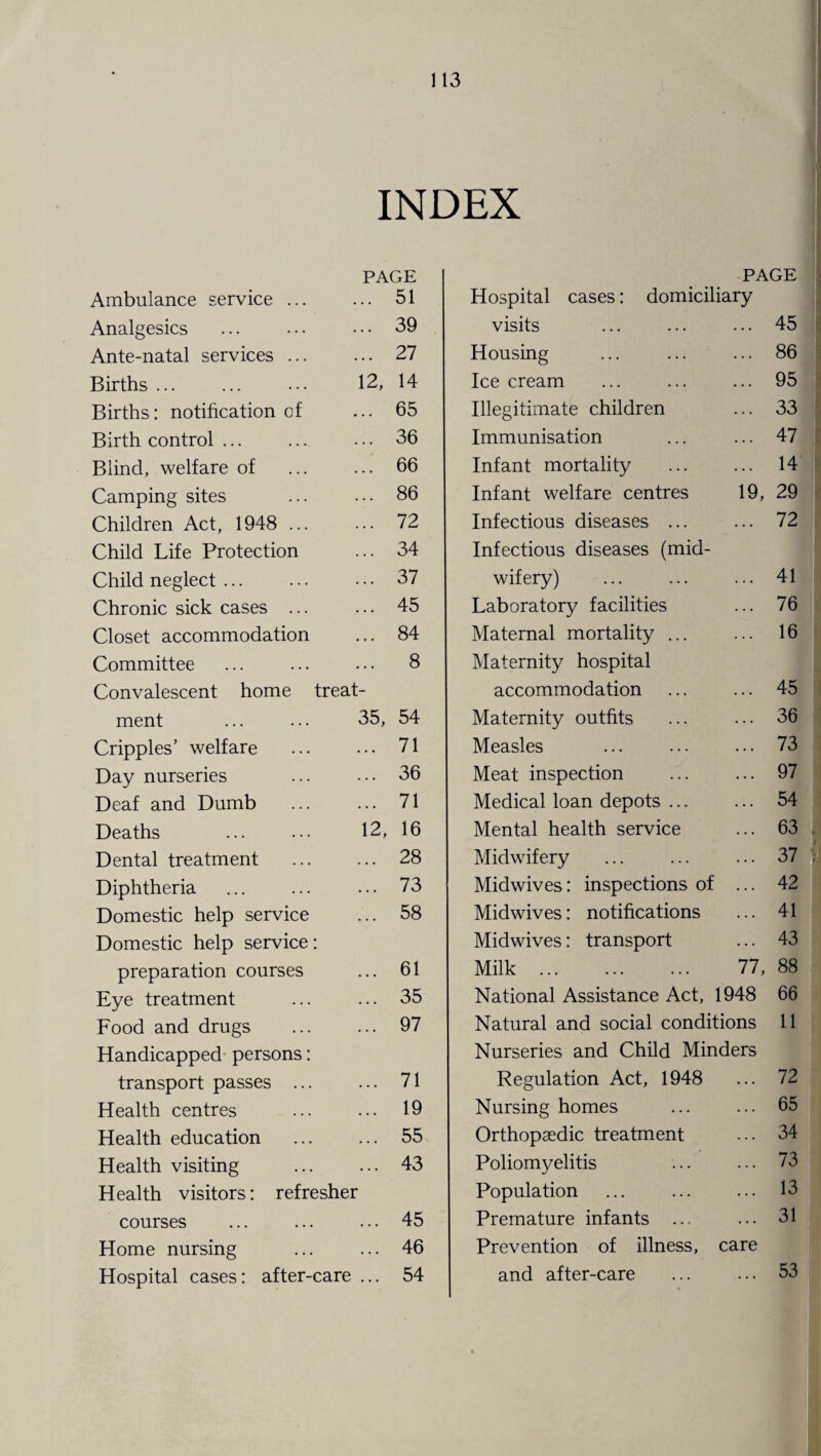 INDEX PAGE PAGE Ambulance service ... <. 51 Hospital cases: domiciliary Analgesics • • 39 visits 45 Ante-natal services ... .. 27 Housing 86 Births ... 12, 14 Ice cream ... 95 Births: notification of 65 Illegitimate children 33 Birth control ... • • 36 Immunisation ... 47 Blind, welfare of • • 66 Infant mortality 14 Camping sites . . 86 Infant welfare centres 19, 29 Children Act, 1948 ... . . 72 Infectious diseases ... 72 Child Life Protection . . . 34 Infectious diseases (mid¬ Child neglect. . . . 37 wifery) 41 Chronic sick cases ... . . . 45 Laboratory facilities 76 Closet accommodation • . . 84 Maternal mortality ... 16 Committee . . . 8 Maternity hospital Convalescent home treai accommodation 45 ment 35, 54 Maternity outfits ... 36 Cripples’ welfare ... 71 Measles 73 Day nurseries ... 36 Meat inspection 97 Deaf and Dumb . •. 71 Medical loan depots ... ... 54 Deaths 12, 16 Mental health service 63 Dental treatment . • • 28 Midwifery 37 Diphtheria . . . 73 Midwives: inspections of 42 Domestic help service . • • 58 Midwives: notifications 41 Domestic help service: Midwives: transport 43 preparation courses . . • 61 Milk . 77, 88 Eye treatment • . . 35 National Assistance Act, 1948 66 Food and drugs • . • 97 Natural and social conditions 11 Handicapped persons: Nurseries and Child Minders transport passes ... . . . 71 Regulation Act, 1948 72 Health centres . • . 19 Nursing homes 65 Health education ... 55 Orthopaedic treatment 34 Health visiting . . . 43 Poliomyelitis 73 Health visitors: refresher Population 13 courses • • • 45 Premature infants .., ... 31 Home nursing . . . 46 Prevention of illness, care Hospital cases: after-care . . . 54 and after-care 53