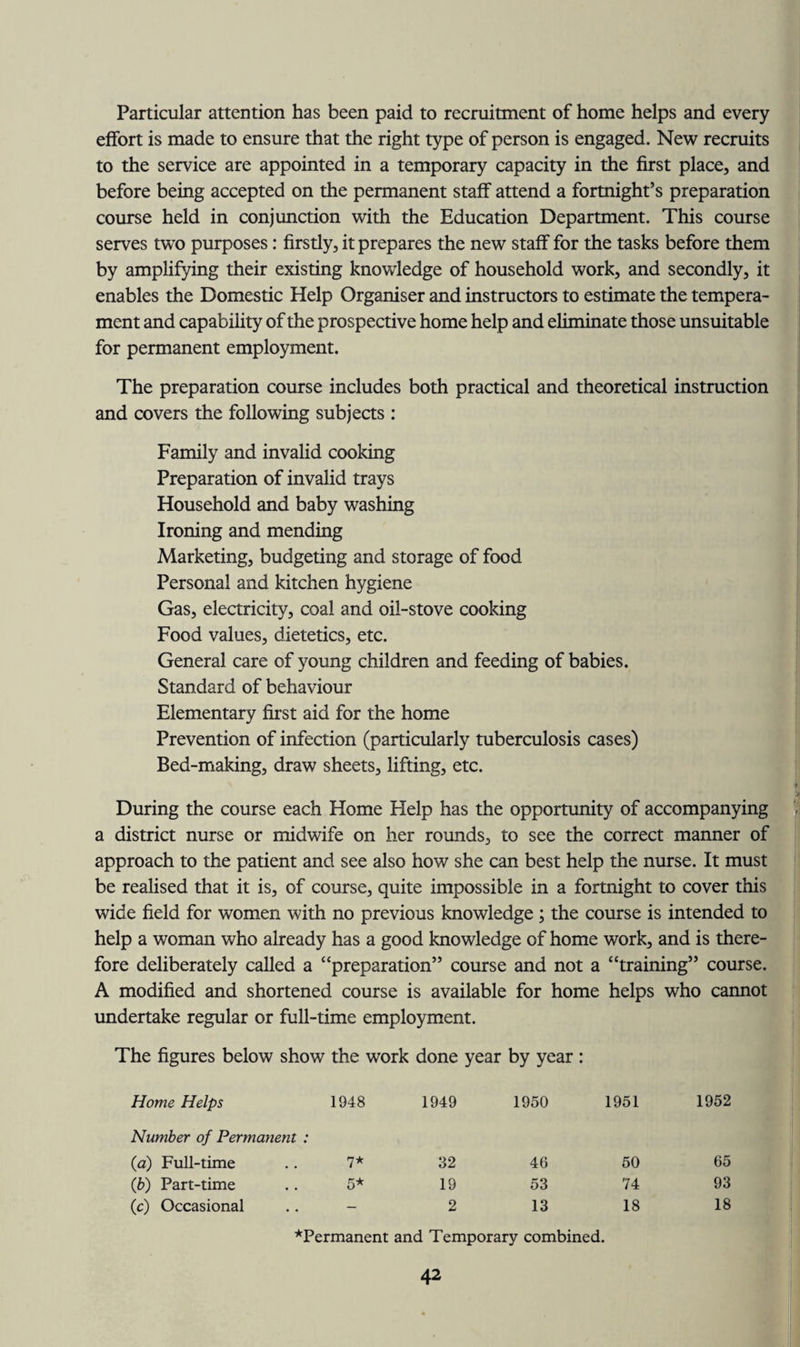 Particular attention has been paid to recruitment of home helps and every effort is made to ensure that the right type of person is engaged. New recruits to the service are appointed in a temporary capacity in the first place, and before being accepted on the permanent staff attend a fortnight’s preparation course held in conjunction with the Education Department. This course serves two purposes: firstly, it prepares the new staff for the tasks before them by amplifying their existing knowledge of household work, and secondly, it enables the Domestic Help Organiser and instructors to estimate the tempera¬ ment and capability of the prospective home help and eliminate those unsuitable for permanent employment. The preparation course includes both practical and theoretical instruction and covers the following subjects : Family and invalid cooking Preparation of invalid trays Household and baby washing Ironing and mending Marketing, budgeting and storage of food Personal and kitchen hygiene Gas, electricity, coal and oil-stove cooking Food values, dietetics, etc. General care of young children and feeding of babies. Standard of behaviour Elementary first aid for the home Prevention of infection (particularly tuberculosis cases) Bed-making, draw sheets, lifting, etc. During the course each Home Help has the opportunity of accompanying a district nurse or midwife on her rounds, to see the correct manner of approach to the patient and see also how she can best help the nurse. It must be realised that it is, of course, quite impossible in a fortnight to cover this wide field for women with no previous knowledge ; the course is intended to help a woman who already has a good knowledge of home work, and is there¬ fore deliberately called a “preparation” course and not a “training” course. A modified and shortened course is available for home helps who cannot undertake regular or full-time employment. The figures below show the work done year by year : Home Helps 1948 1949 1950 1951 1952 Number of Permanent : (a) Full-time 7* 32 46 50 65 (ib) Part-time 5* 19 53 74 93 (c) Occasional — 2 13 18 18 ■^Permanent and Temporary combined.