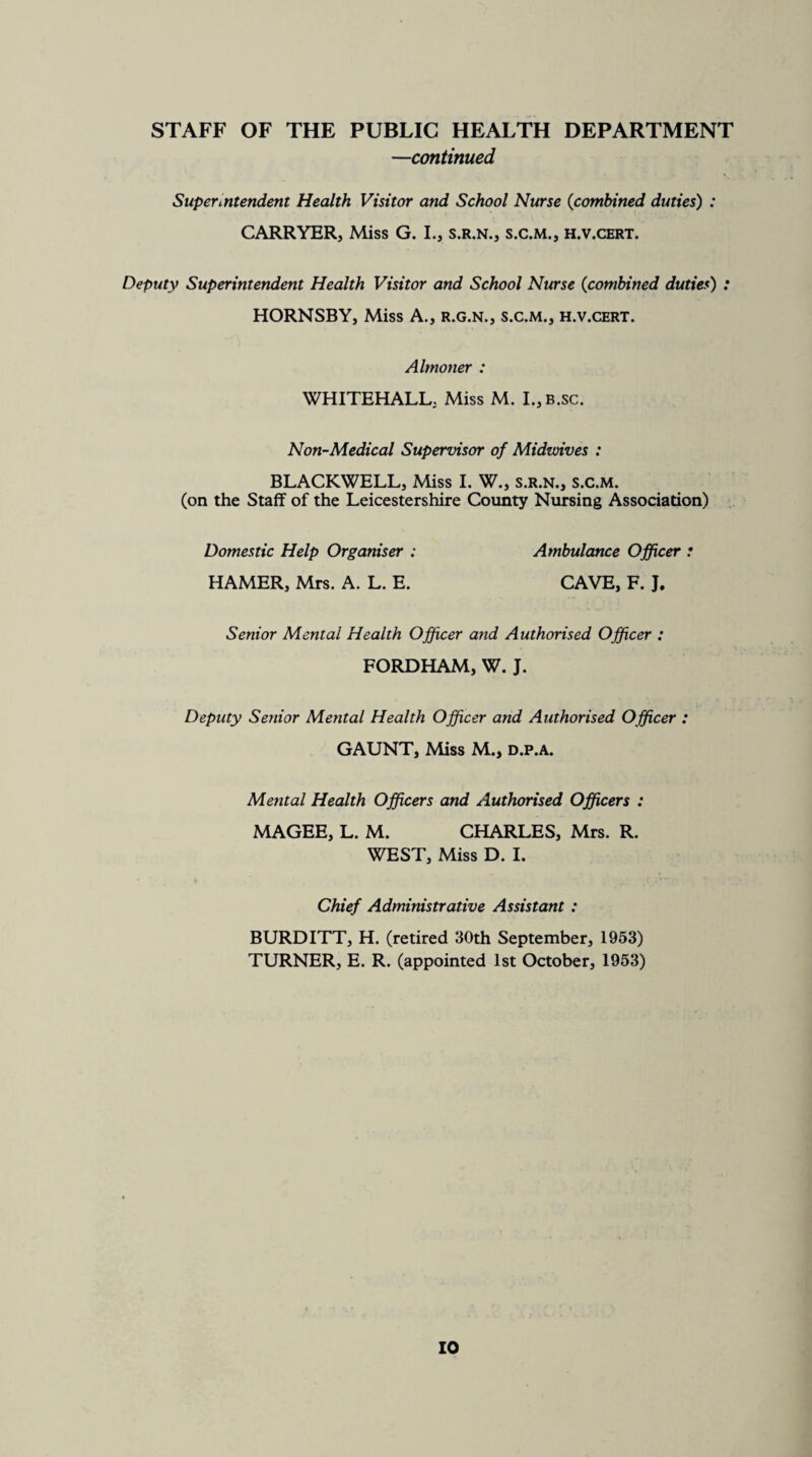 STAFF OF THE PUBLIC HEALTH DEPARTMENT —continued Superintendent Health Visitor and School Nurse (combined duties) : CARRYER, Miss G. I., s.r.n., s.c.M., h.v.cert. Deputy Superintendent Health Visitor and School Nurse (combined duties) : HORNSBY, Miss A., r.g.n., s.c.M., h.v.cert. Almoner : WHITEHALL. Miss M. I.,b.sc. Non-Medical Supervisor of Midwives : BLACKWELL, Miss I. W., s.r.n., s.c.M. (on the Staff of the Leicestershire County Nursing Association) Domestic Help Organiser : Ambulance Officer : HAMER, Mrs. A. L. E. CAVE, F. J. Senior Mental Health Officer and Authorised Officer : FORDHAM, W. J. Deputy Senior Mental Health Officer and Authorised Officer : GAUNT, Miss M., d.p.a. Mental Health Officers and Authorised Officers : MAGEE, L. M. CHARLES, Mrs. R. WEST, Miss D. I. Chief Administrative Assistant : BURDITT, H. (retired 30th September, 1953) TURNER, E. R. (appointed 1st October, 1953)