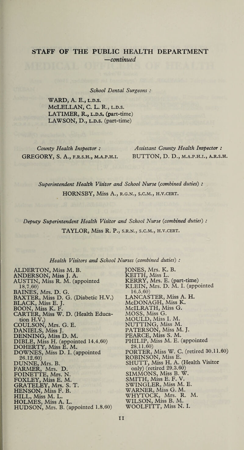 —continued School Dental Surgeons : WARD, A. E., l.d.s. McLELLAN, C. L. R., l.d.s. LATIMER, R., l.d.s. (part-time) LAWSON, D., L.D.S. (part-time) County Health Inspector : Assistant County Health Inspector : GREGORY, S. A., f.r.s.h., m.a.p.h.i. BUTTON, D. D., m.a.p.h.i., a.r.s.h. Superintendent Health Visitor and School Nurse (combined duties) : HORNSBY, Miss A., r.g.n., s.c.m., h.v.cert. Deputy Superintendent Health Visitor and School Nurse (combined duties) : TAYLOR, Miss R. P., s.r.n., s.c.m., h.v.cert. Health Visitors and School Nurses (combined duties) : ALDERTON, Miss M. B. ANDERSON, Miss J. A. AUSTIN, Miss R. M. (appointed 18.7.60) BAINES, Mrs. D. G. BAXTER, Miss D. G. (Diabetic H.V.) BLACK, Miss E. J. BOON, Miss K. F. CARTER, Miss W. D. (Health Educa¬ tion H.V.) COULSON, Mrs. G. E. DANIELS, Miss J. DENNING, Miss D. M. DIBLE, Miss H. (appointed 14.4.60) DOHERTY, Miss E. M. DOWNES, Miss D. I. (appointed 26.12.60) DUNNE, Mrs. B. FARMER, Mrs. D. FOINETTE, Mrs. N. FOXLEY, Miss E. M. GRATELEY, Mrs. S. T. HENSON, Miss F. B. HILL, Miss M. L. HOLMES, Miss A. L. HUDSON, Mrs. B. (appointed 1.8.60) JONES, Mrs. K. B. KEITH, Miss L. KERRY, Mrs. E. (part-time) KLEIN, Mrs. D. M. I. (appointed 16.5.60) LANCASTER, Miss A. H. McDONAGH, Miss K. McILRATH, Miss G. MOSS, Miss G. MOULD, Miss I. M. NUTTING, Miss M. PATERSON, Miss M. J. PEARCE, Miss S. M. PHILIP, Miss M. E. (appointed 28.11.60) PORTER, Miss W. C. (retired 30.11.60) ROBINSON, Miss E. SHUTT, Miss H. A. (Health Visitor only) (retired 29.3.60) SIMMONS, Miss B. W. SMITH, Miss E. F. V. SWINGLER, Miss M. E. WARNER, Miss G. M. WHYTOCK, Mrs. R. M. WILSON, Miss B. M. WOOLFITT, Miss N. I.