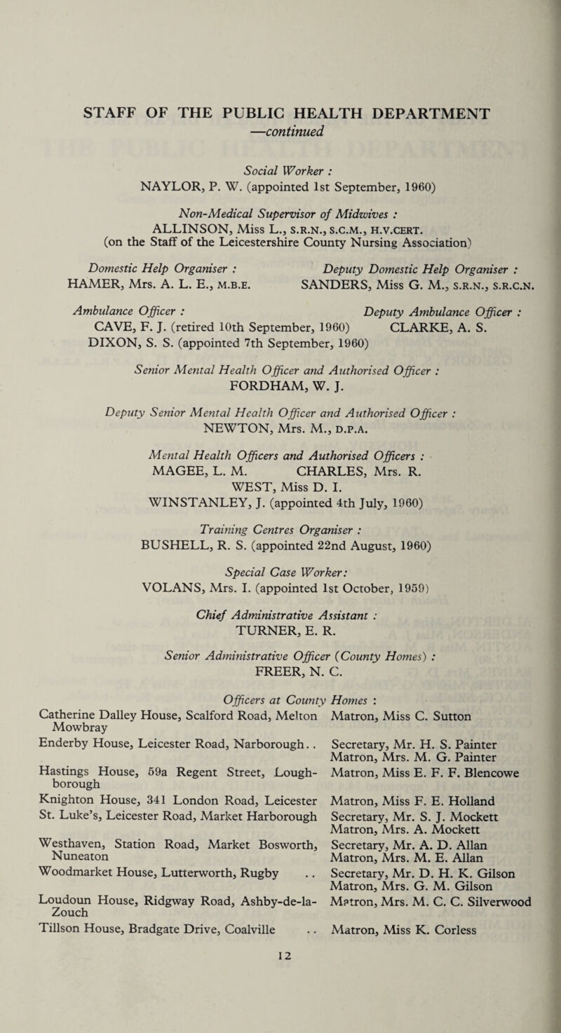 STAFF OF THE PUBLIC HEALTH DEPARTMENT —continued Social Worker : NAYLOR, P. W. (appointed 1st September, 1960) Non-Medical Supervisor of Midwives : ALLINSON, Miss L., s.r.n., s.c.m., h.v.cert. (on the Staff of the Leicestershire County Nursing Association) Domestic Help Organiser : Deputy Domestic Help Organiser : HAMER, Mrs. A. L. E., m.b.e. SANDERS, Miss G. M., s.r.n., s.r.c.n. Ambulance Officer : Deputy Ambulance Officer : CAVE, F. J. (retired 10th September, 1960) CLARKE, A. S. DIXON, S. S. (appointed 7th September, 1960) Senior Mental Health Officer and Authorised Officer : FORDHAM, W. J. Deputy Senior Mental Health Officer and Authorised Officer : NEWTON, Mrs. M., d.p.a. Mental Health Officers and Authorised Officers : MAGEE, L. M. CHARLES, Mrs. R. WEST, Miss D. I. WINSTANLEY, J. (appointed 4th July, 1960) Training Centres Organiser : BUSHELL, R. S. (appointed 22nd August, 1960) Special Case Worker: VOLANS, Mrs. I. (appointed 1st October, 1959) Chief Administrative Assistant : TURNER, E. R. Senior Administrative Officer (County Homes) : FREER, N. C. Officers at County Catherine Dailey House, Scalford Road, Melton Mowbray Enderby House, Leicester Road, Narborough. . Hastings House, 59a Regent Street, Lough¬ borough Knighton House, 341 London Road, Leicester St. Luke’s, Leicester Road, Market Harborough Westhaven, Station Road, Market Bosworth, Nuneaton Woodmarket House, Lutterworth, Rugby Loudoun House, Ridgway Road, Ashby-de-la- Zouch Tillson House, Bradgate Drive, Coalville Homes : Matron, Miss C. Sutton Secretary, Mr. H. S. Painter Matron, Mrs. M. G. Painter Matron, Miss E. F. F. Blencowe Matron, Miss F. E. Holland Secretary, Mr. S. J. Mockett Matron, Mrs. A. Mockett Secretary, Mr. A. D. Allan Matron, Mrs. M. E. Allan Secretary, Mr. D. H. K. Gilson Matron, Mrs. G. M. Gilson Matron, Mrs. M. C. C. Silverwood Matron, Miss K. Corless