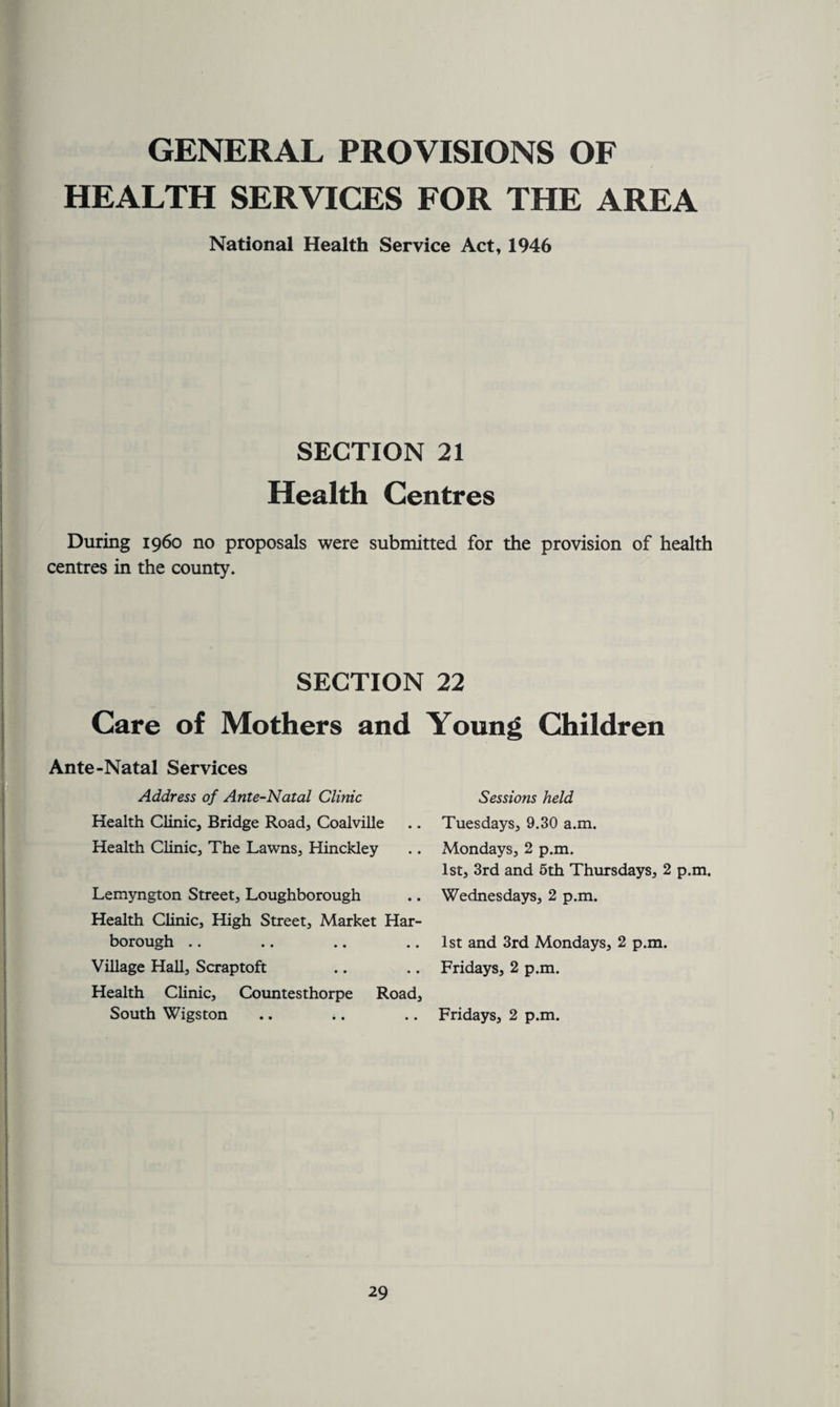 GENERAL PROVISIONS OF HEALTH SERVICES FOR THE AREA National Health Service Act, 1946 SECTION 21 Health Centres During i960 no proposals were submitted for the provision of health centres in the county. SECTION 22 Care of Mothers and Young Children Ante-Natal Services Address of Ante-Natal Clinic Health Clinic, Bridge Road, Coalville Health Clinic, The Lawns, Hinckley .. Tuesdays, 9.30 a.m. .. Mondays, 2 p.m. 1st, 3rd and 5th Thursdays, 2 p.m. Sessions held Lemyngton Street, Loughborough Health Clinic, High Street, Market Har- .. Wednesdays, 2 p.m. borough .. 1st and 3rd Mondays, 2 p.m. .. Fridays, 2 p.m. Village Hall, Scraptoft Health Clinic, Countesthorpe Road, South Wigston Fridays, 2 p.m.