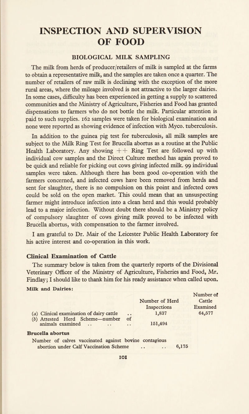 INSPECTION AND SUPERVISION OF FOOD BIOLOGICAL MILK SAMPLING The milk from herds of producer/retailers of milk is sampled at the farms to obtain a representative milk, and the samples are taken once a quarter. The number of retailers of raw milk is declining with the exception of the more rural areas, where the mileage involved is not attractive to the larger dairies. In some cases, difficulty has been experienced in getting a supply to scattered communities and the Ministry of Agriculture, Fisheries and Food has granted dispensations to farmers who do not bottle the milk. Particular attention is paid to such supplies. 162 samples were taken for biological examination and none were reported as showing evidence of infection with Myco. tuberculosis. In addition to the guinea pig test for tuberculosis, all milk samples are subject to the Milk Ring Test for Brucella abortus as a routine at the Public Health Laboratory. Any showing ++ Ring Test are followed up with individual cow samples and the Direct Culture method has again proved to be quick and reliable for picking out cows giving infected milk. 99 individual samples were taken. Although there has been good co-operation with the farmers concerned, and infected cows have been removed from herds and sent for slaughter, there is no compulsion on this point and infected cows could be sold on the open market. This could mean that an unsuspecting farmer might introduce infection into a clean herd and this would probably lead to a major infection. Without doubt there should be a Ministry policy of compulsory slaughter of cows giving milk proved to be infected with Brucella abortus, with compensation to the farmer involved. I am grateful to Dr. Mair of the Leicester Public Health Laboratory for his active interest and co-operation in this work. Clinical Examination of Cattle The summary below is taken from the quarterly reports of the Divisional Veterinary Officer of the Ministry of Agriculture, Fisheries and Food, Mr, Findlay; I should like to thank him for his ready assistance when called upon. Milk and Dairies: Number of Number of Herd Cattle Inspections Examined {a) Clinical examination of dairy cattle .. 1,837 64,577 (b) Attested Herd Scheme—number of animals examined .. .. .. 151,494 Brucella abortus Number of calves vaccinated against bovine contagious abortion under Calf Vaccination Scheme .. .. 6,175 IOI