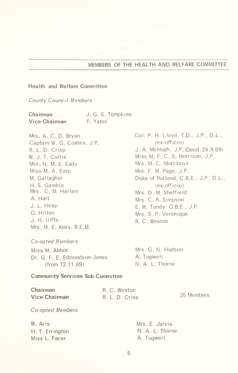 Health and Welfare Committee County Council Members Chairman J. G. S. Tompkins Vice-Chairman F. Yates Mrs. A. C. D. Bryan Captain W. G. Coates, J.P. R. L. D. Crisp W. J. T. Curtis Mrs. N. M. E. Eady Miss M. A. Earp M. Gallagher H. S. Gamble Mrs. C. M. Hal lam A. Hart J. L. Heap 0. Hilton J. H. Iliffe Mrs. M. E. Keay, B.E.M. Co-opted Members Miss M. Abbot Dr. G. F. E. Edmondson-Jones (from 12.11.69) Community Services Sub-Committee Chairman Vice-Chairman Co-opted Members Col. P. H. Lloyd, T.D., J.P., D.L., (ex-officio) J. A. McHugh, J.P.(Deed. 24.9.69) Miss M. F. C. S. Morrison, J.P. Mrs. M. C. Mortiboys Mrs. F. M. Page, J.P. Dtike of Rutland, C.B.E., J.P.,D.L., (ex-officio) Mrs. D. M. Sheffield Mrs. C. R. Simpson E. W. Tandy, O.B.E., J.P. Mrs. S. P. Veronique R. C. Weston Mrs. G. N. Hodson A. Tugwell N. A. L. Thorne 25 Members R. C. Weston R. L. D. Crisp W. Aris H. T. Errington Miss L. Facer 5 Mrs. E. Jarvis N. A. L. Thorne A. Tugwel I