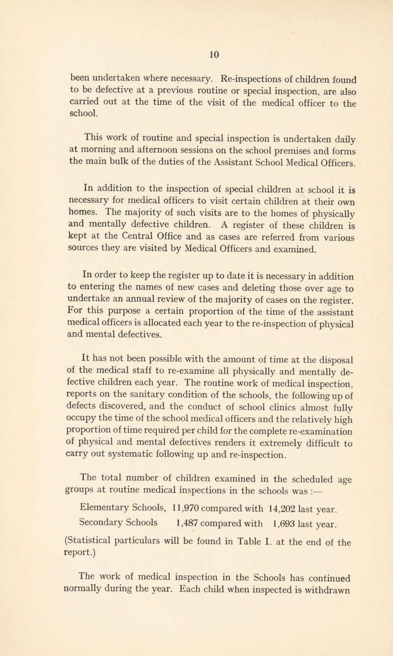 been undertaken where necessary. Re-inspections of children found to be defective at a previous routine or special inspection, are also carried out at the time of the visit of the medical officer to the school. This work of routine and special inspection is undertaken daily at morning and afternoon sessions on the school premises and forms the main bulk of the duties of the Assistant School Medical Officers. In addition to the inspection of special children at school it is necessary for medical officers to visit certain children at their own homes. The majority of such visits are to the homes of physically and mentally defective children. A register of these children is kept at the Central Office and as cases are referred from various sources they are visited by Medical Officers and examined. In order to keep the register up to date it is necessary in addition to entering the names of new cases and deleting those over age to undertake an annual review of the majority of cases on the register. For this purpose a certain proportion of the time of the assistant medical officers is allocated each year to the re-inspection of physical and mental defectives. It has not been possible with the amount of time at the disposal of the medical staff to re-examine all physically and mentally de¬ fective children each year. The routine work of medical inspection, reports on the sanitary condition of the schools, the following up of defects discovered, and the conduct of school clinics almost fully occupy the time of the school medical officers and the relatively high proportion of time required per child for the complete re-examination of physical and mental defectives renders it extremely difficult to carry out systematic following up and re-inspection. The total number of children examined in the scheduled age groups at routine medical inspections in the schools was :— Elementary Schools, 11,970 compared with 14,202 last year. Secondary Schools 1,487 compared with 1,693 last year. (Statistical particulars will be found in Table I. at the end of the report.) The work of medical inspection in the Schools has continued normally during the year. Each child when inspected is withdrawn